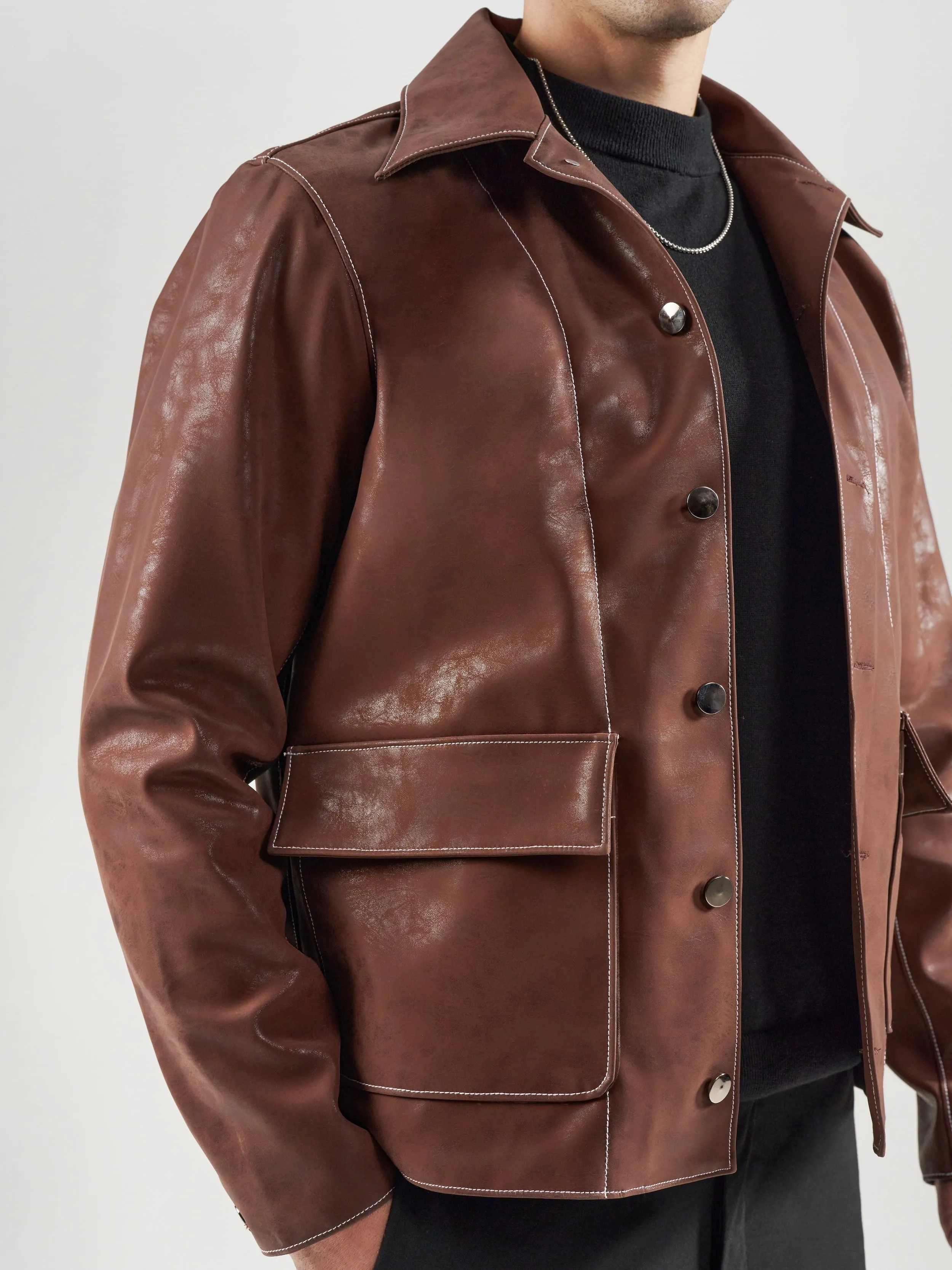 Leatherite Contrast Stitch Shirt Jacket