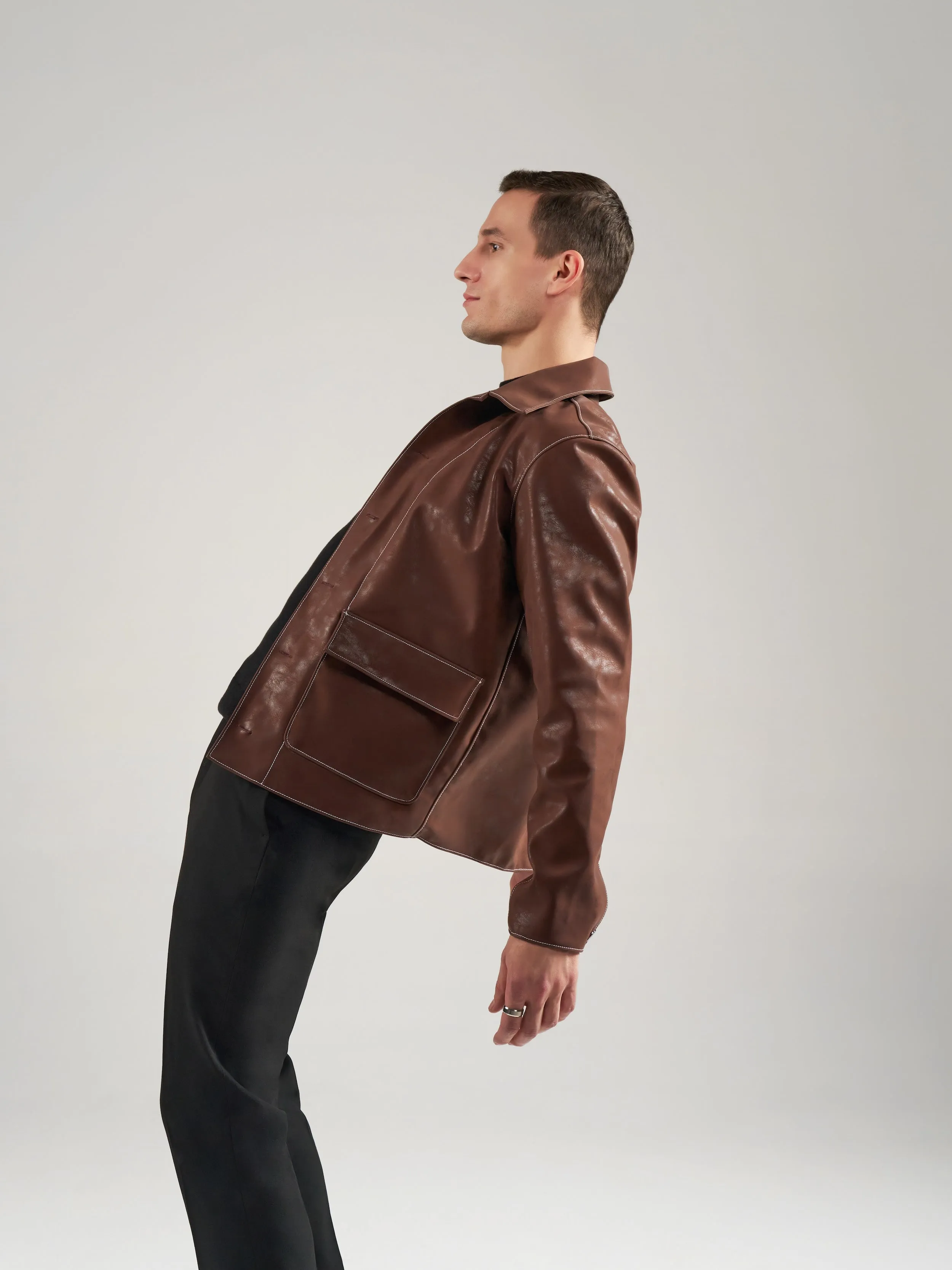 Leatherite Contrast Stitch Shirt Jacket