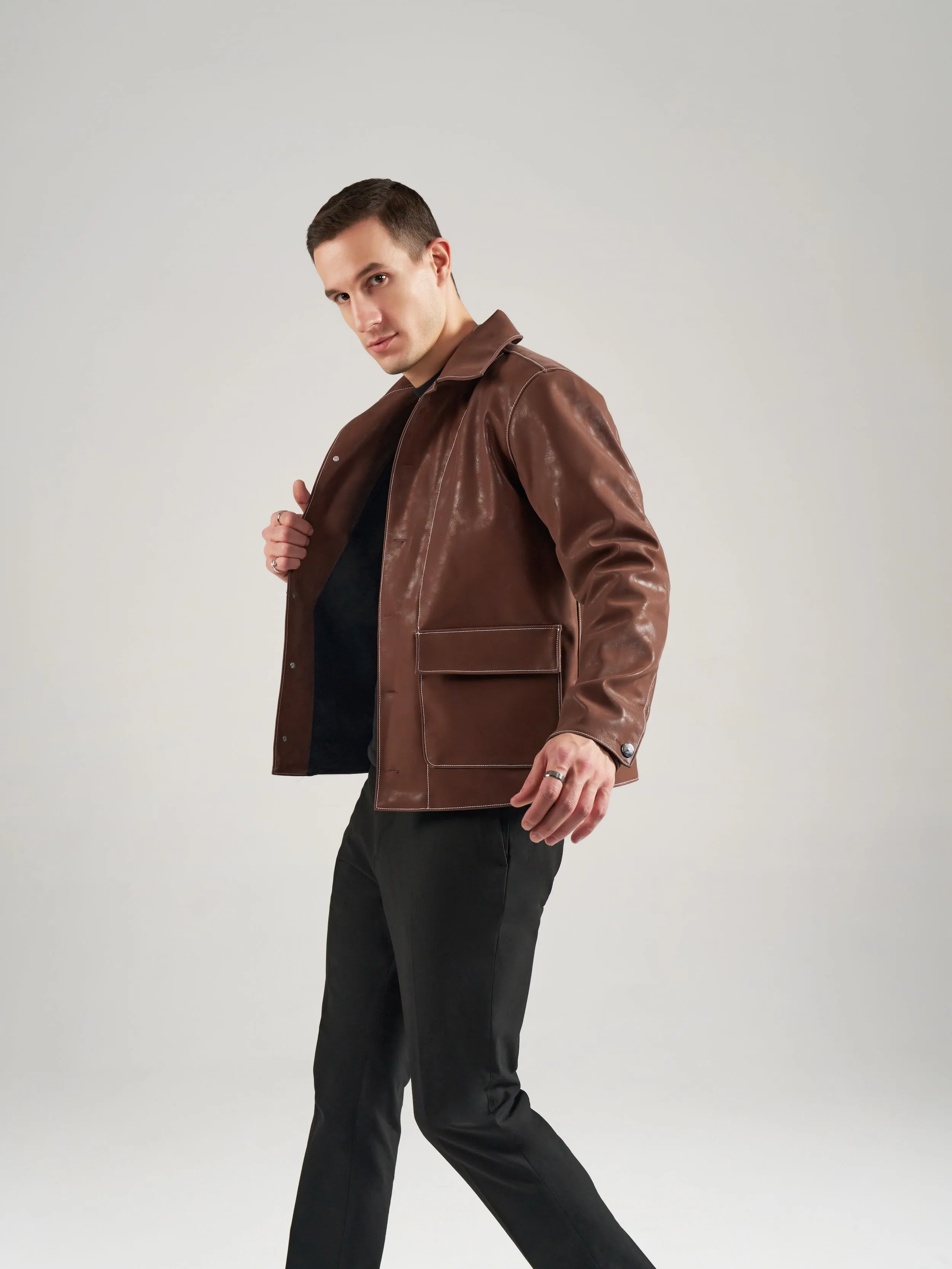 Leatherite Contrast Stitch Shirt Jacket