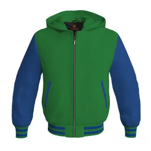 Letterman Bomber Hoodie Jacket Green Body Blue Leather Sleeves