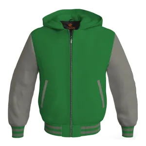 Letterman Bomber Hoodie Jacket Green Body Gray Leather Sleeves