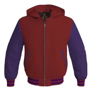 Letterman Bomber Hoodie Jacket Maroon Body Purple Leather Sleeves