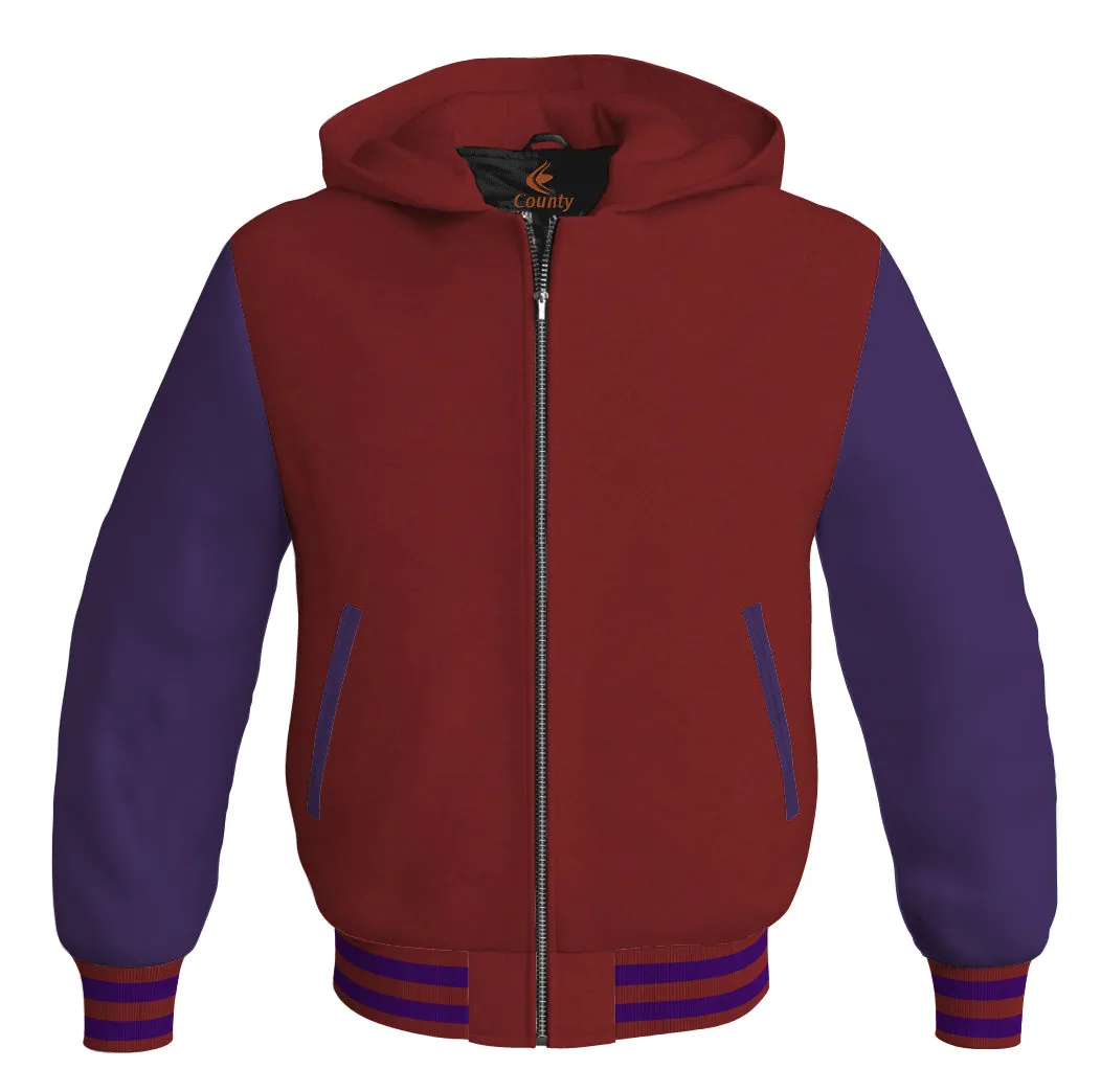 Letterman Bomber Hoodie Jacket Maroon Body Purple Leather Sleeves