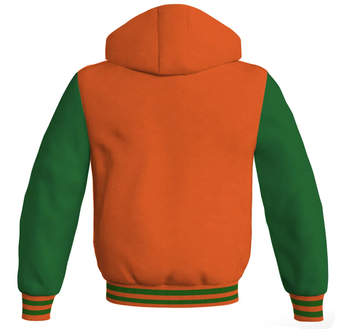 Letterman Bomber Hoodie Jacket Orange Body Green Leather Sleeves