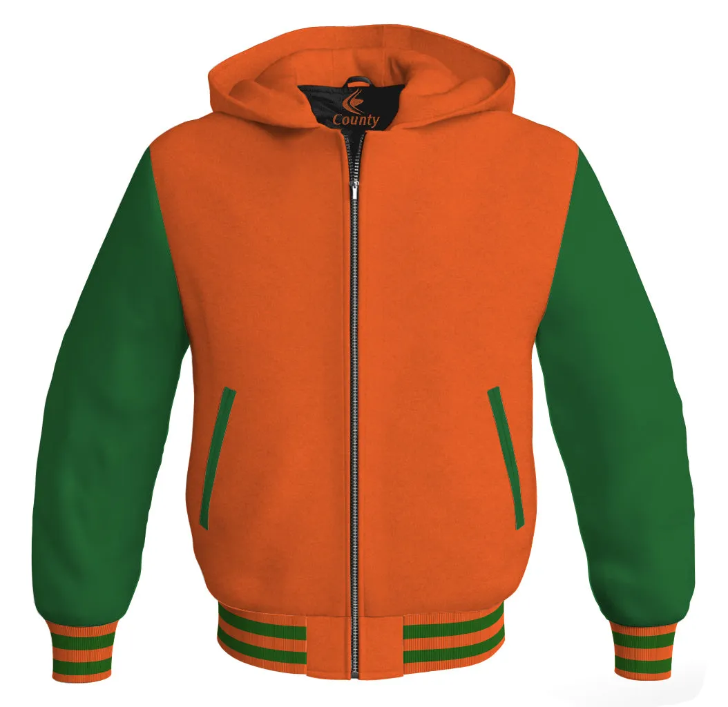 Letterman Bomber Hoodie Jacket Orange Body Green Leather Sleeves