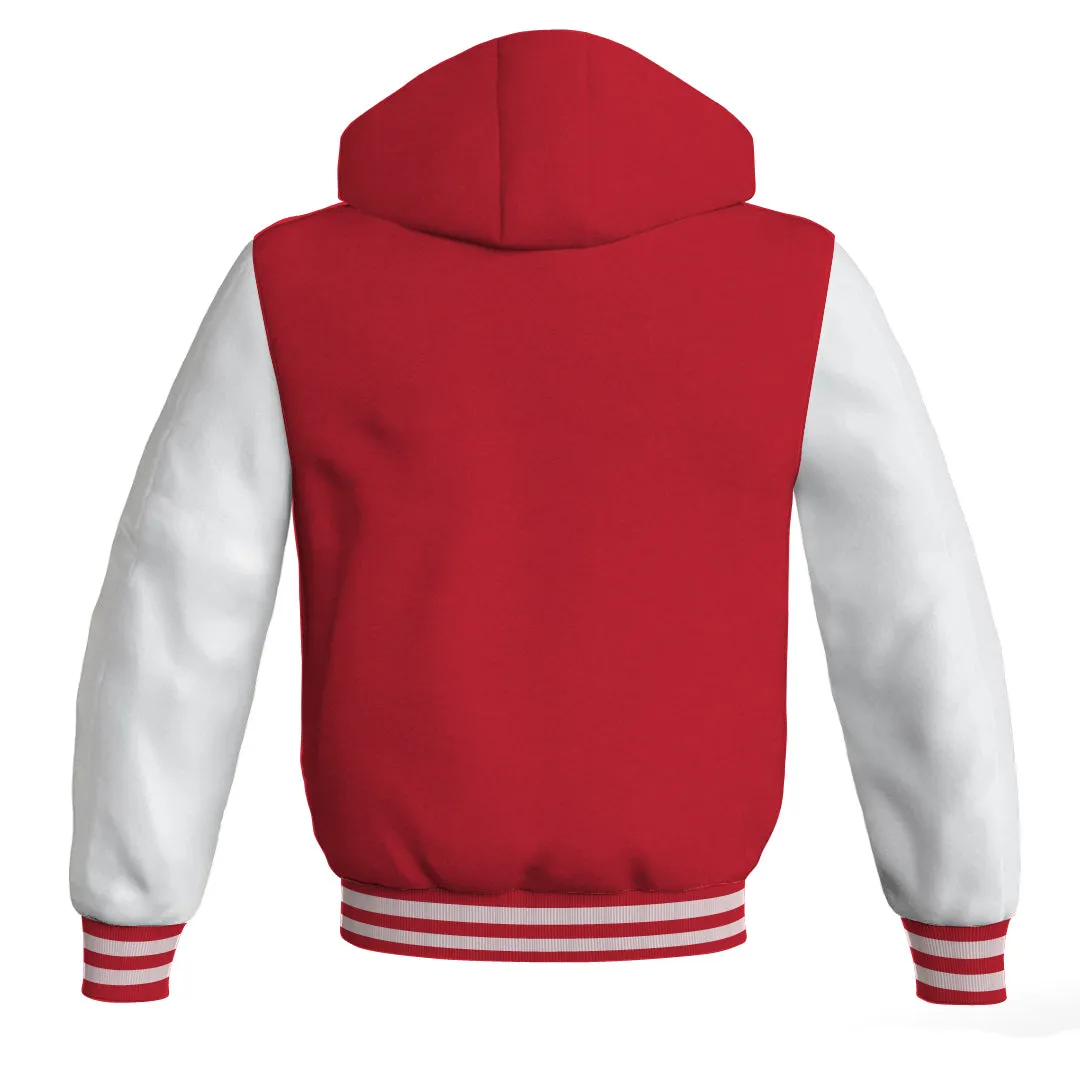 Letterman Bomber Hoodie Jacket Red Body White Leather Sleeves