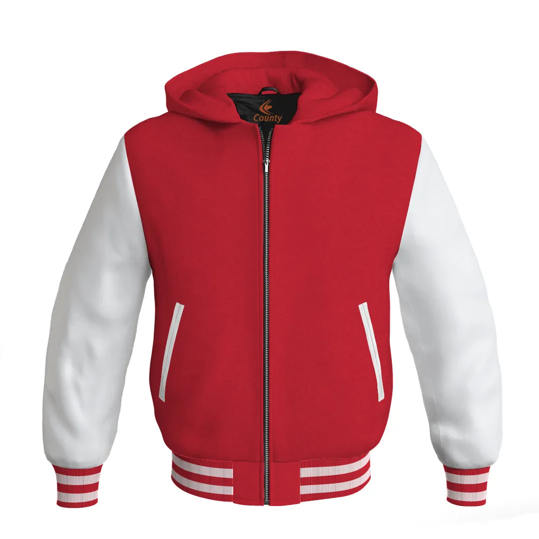 Letterman Bomber Hoodie Jacket Red Body White Leather Sleeves