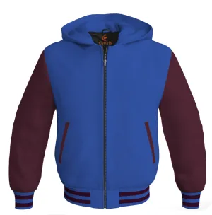 Letterman Bomber Hoodie Jacket Royal Blue Body Maroon Leather Sleeves