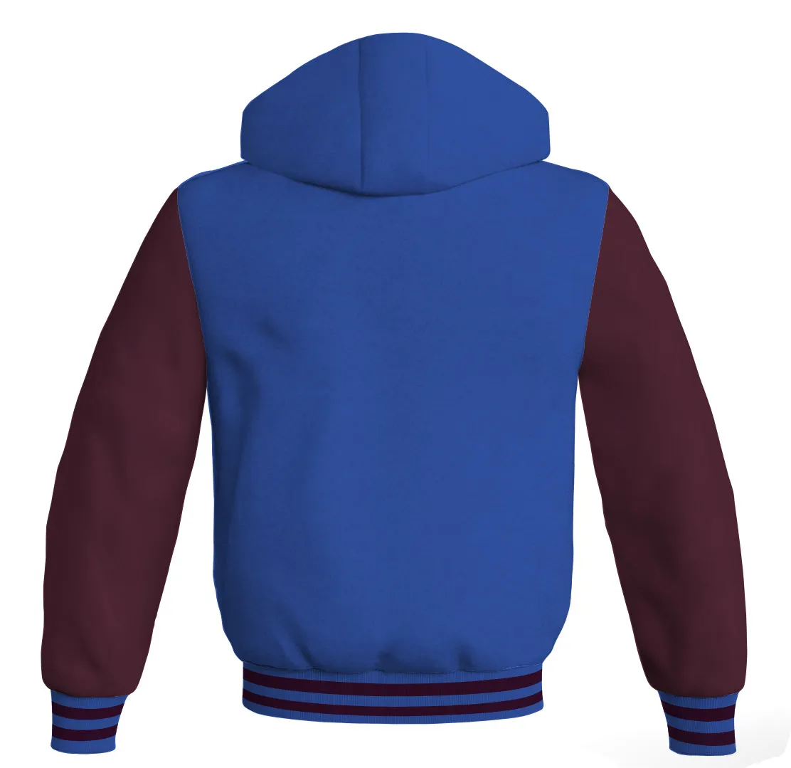 Letterman Bomber Hoodie Jacket Royal Blue Body Maroon Leather Sleeves