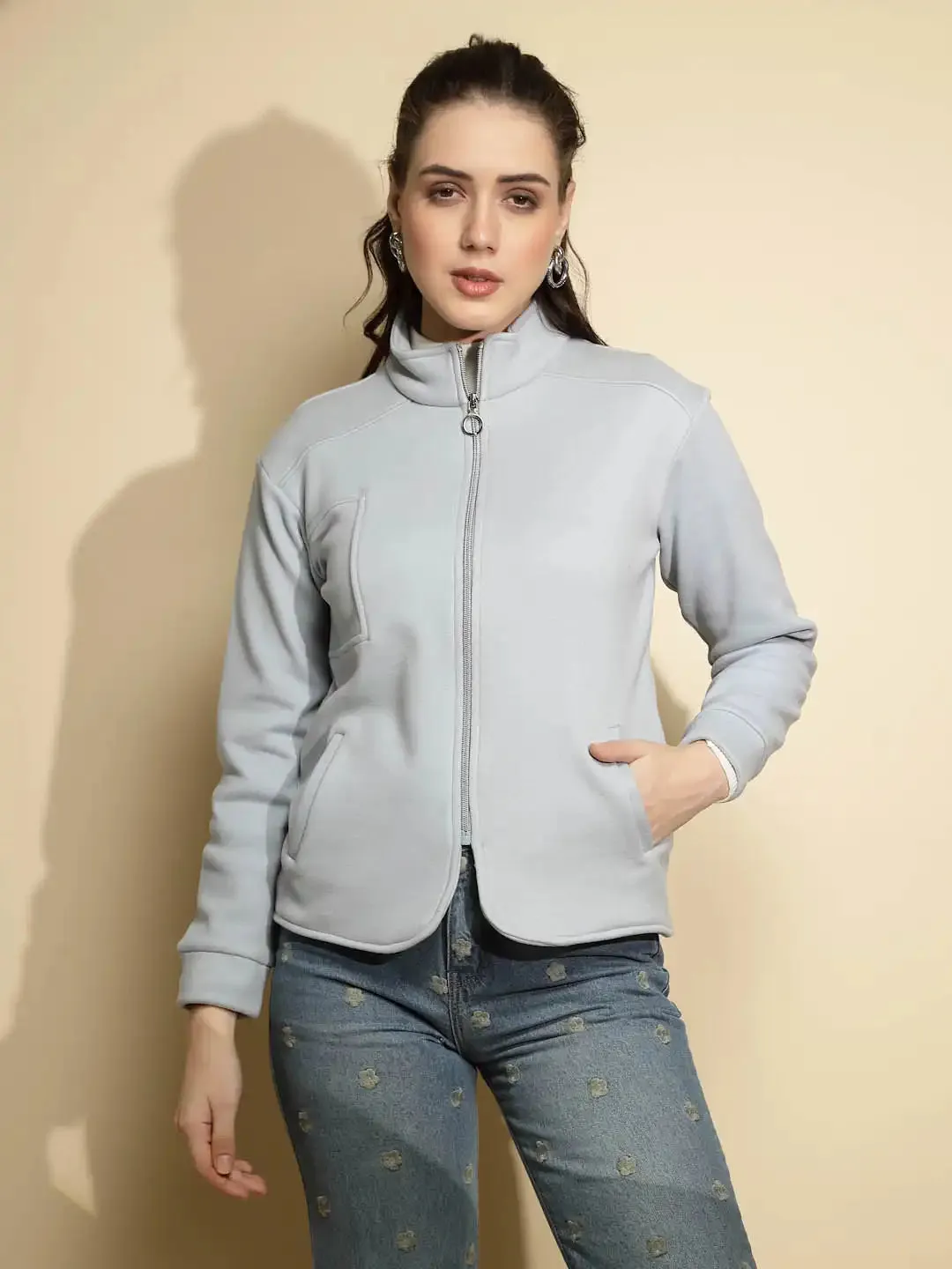 Light Blue Solid Full Sleeve Turtle Neck Fleece Sweatshirt