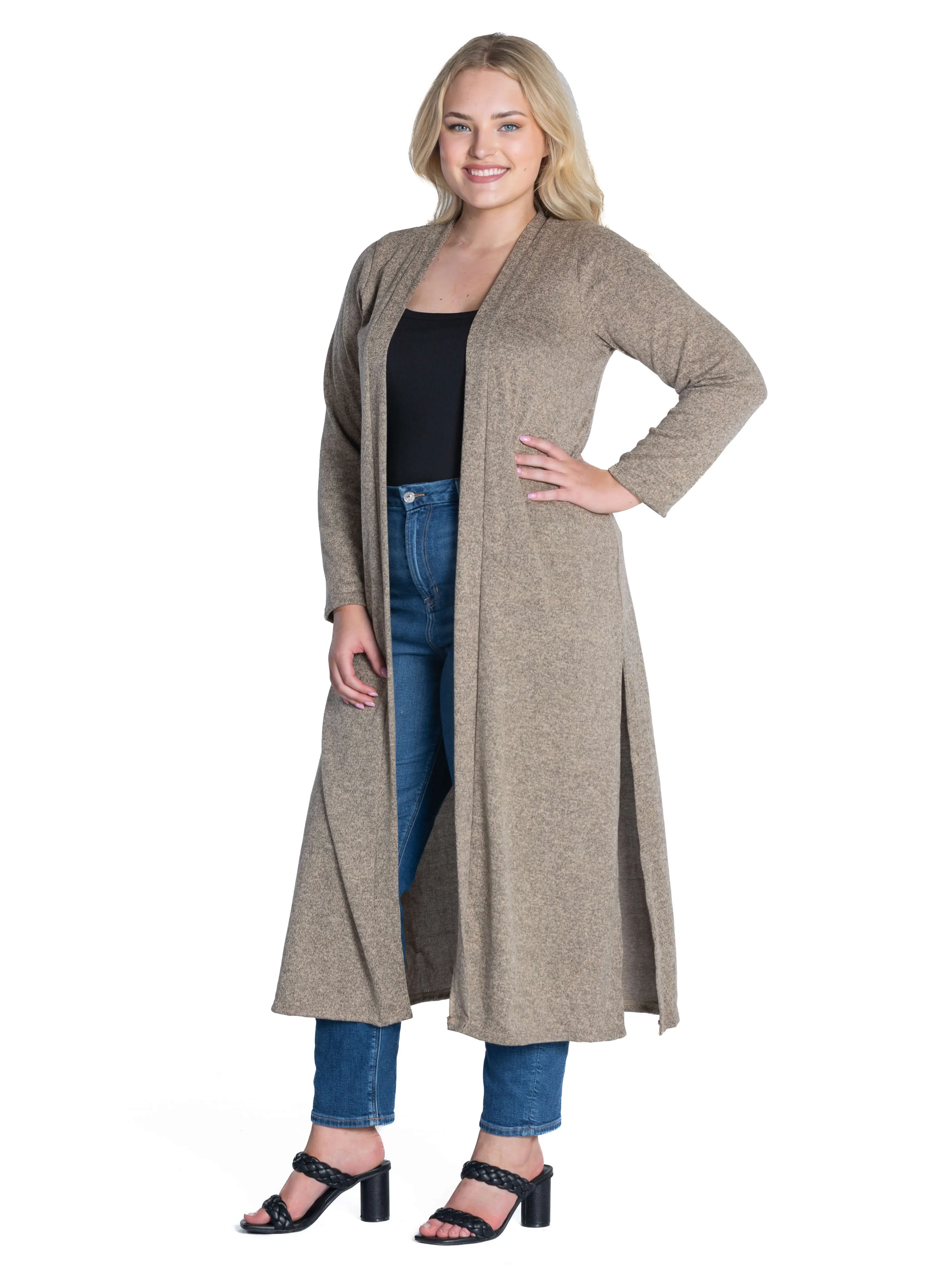 Long Duster Open Front Plus Size Knit Cardigan