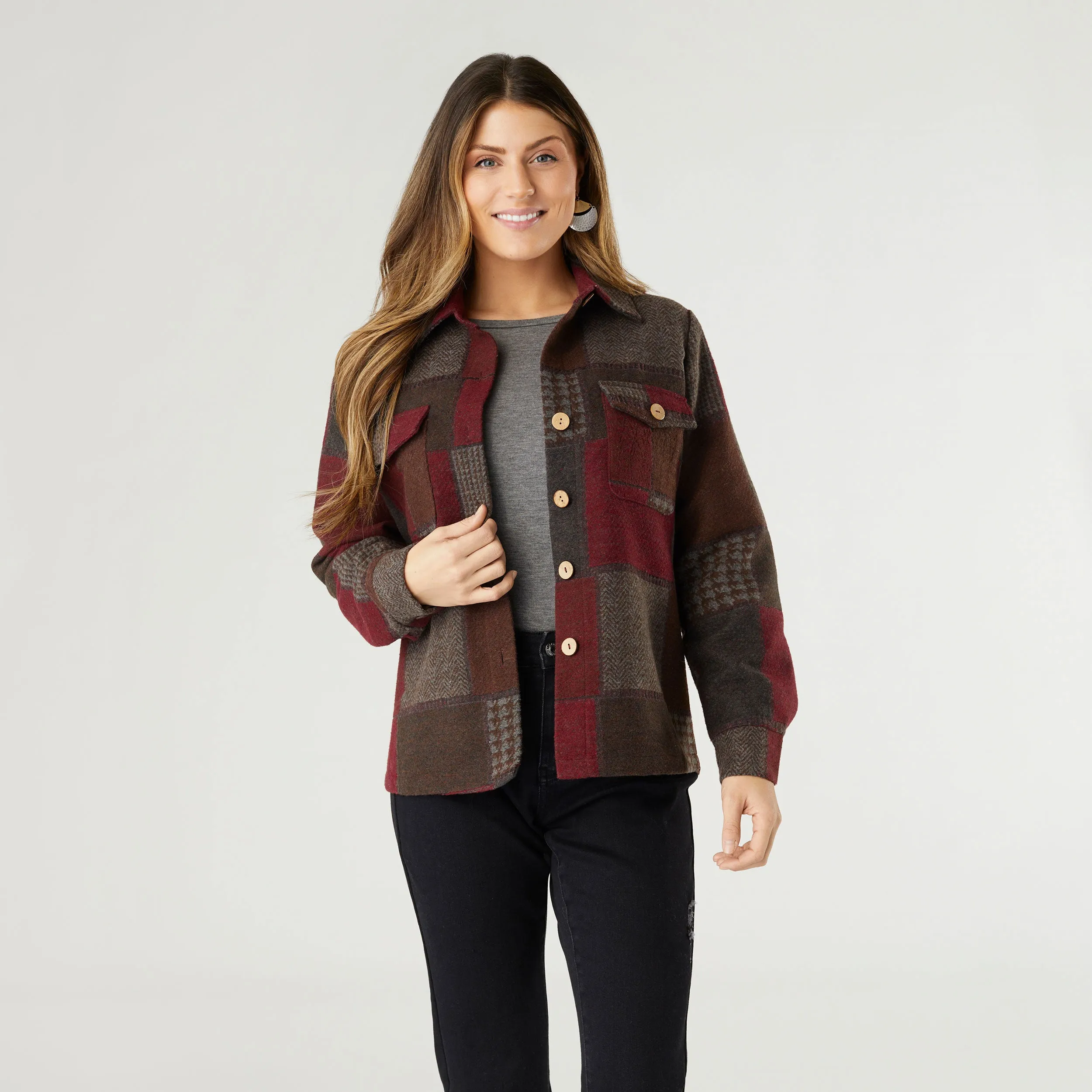 Maura Colorblock Shacket - Burgundy/Brown