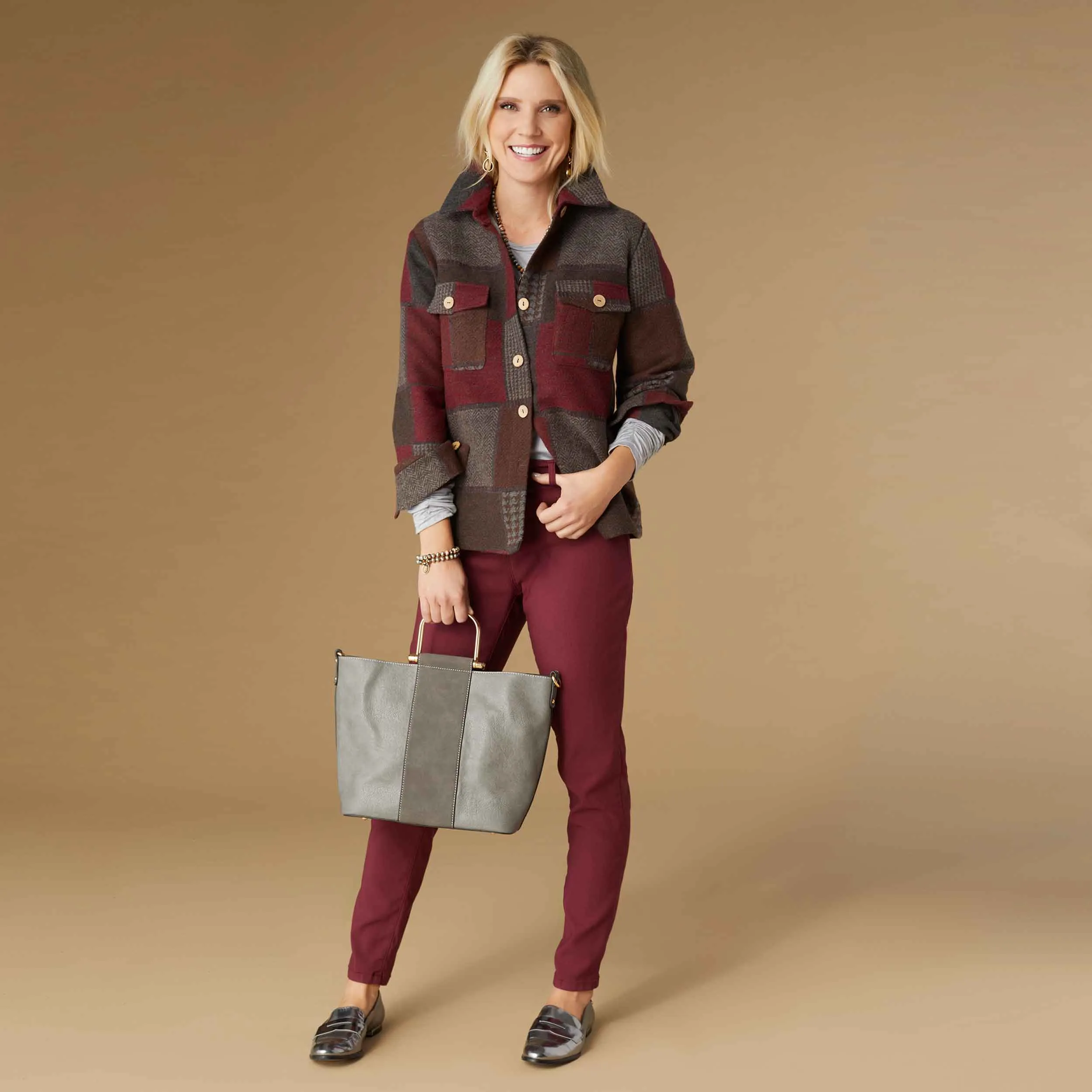 Maura Colorblock Shacket - Burgundy/Brown