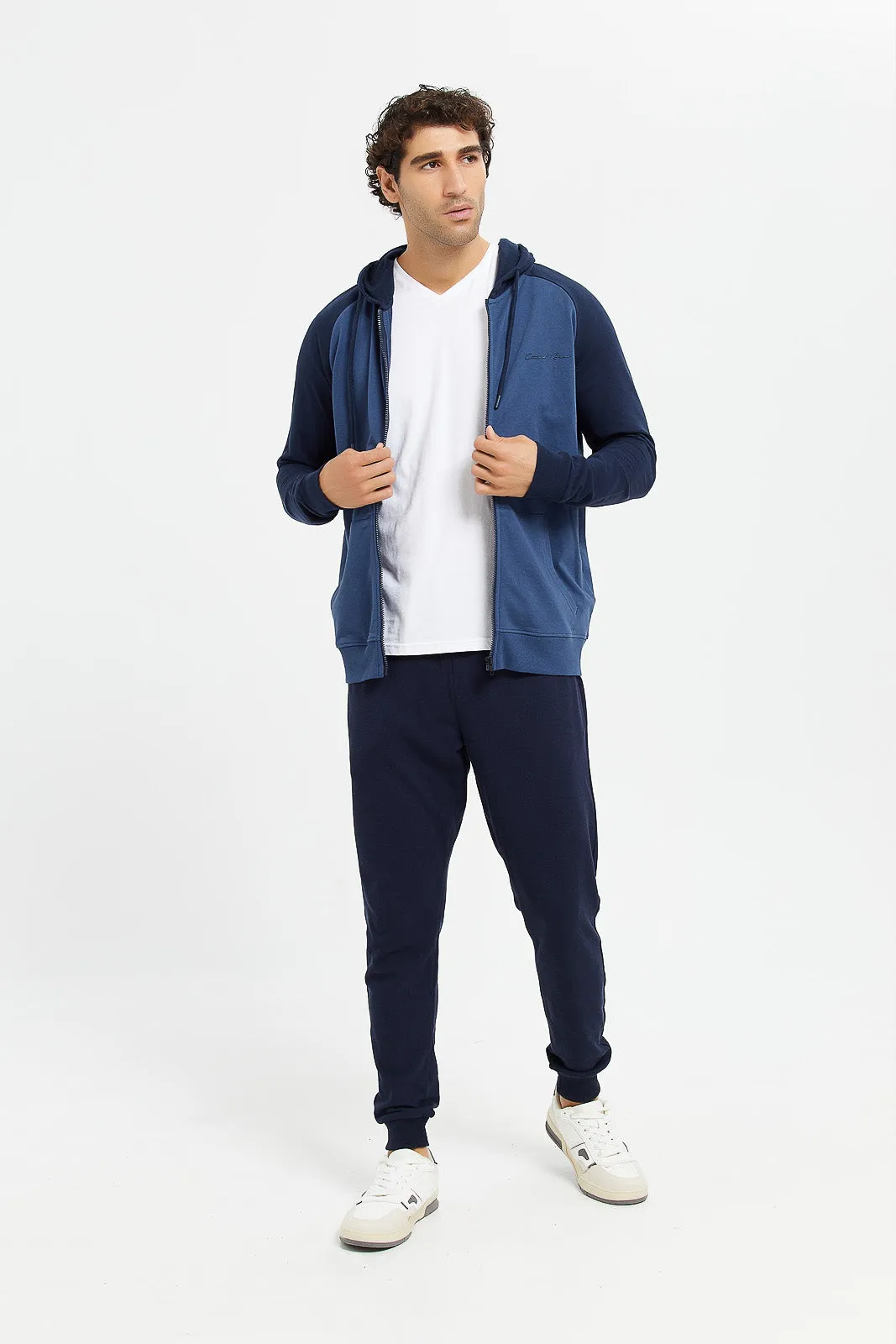 Men Blue And Navy Raglan Hooded Sweatshirt