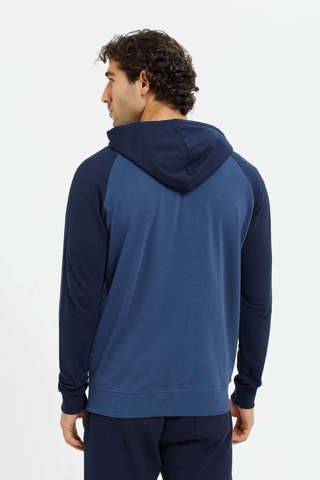 Men Blue And Navy Raglan Hooded Sweatshirt