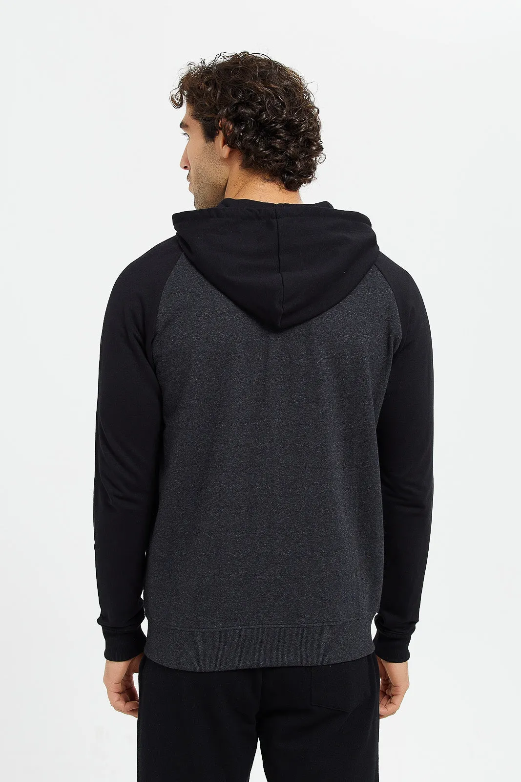 Men Charcoal And Black Raglan Hoodie Sweatshirt