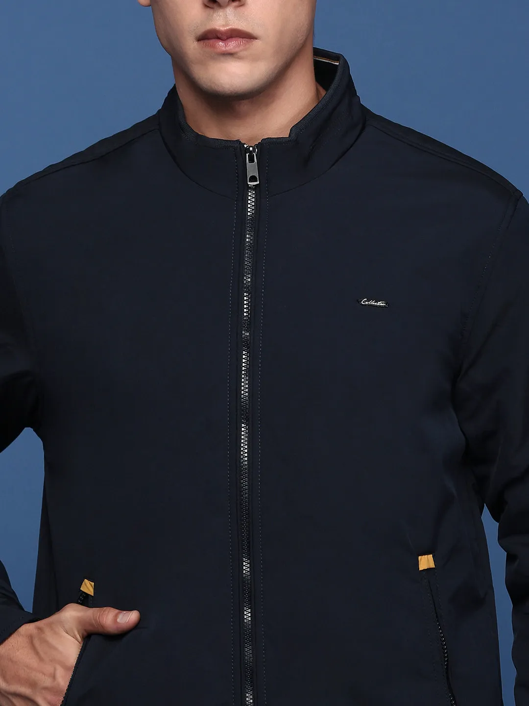 Men Solid Navy Blue Bomber Jacket