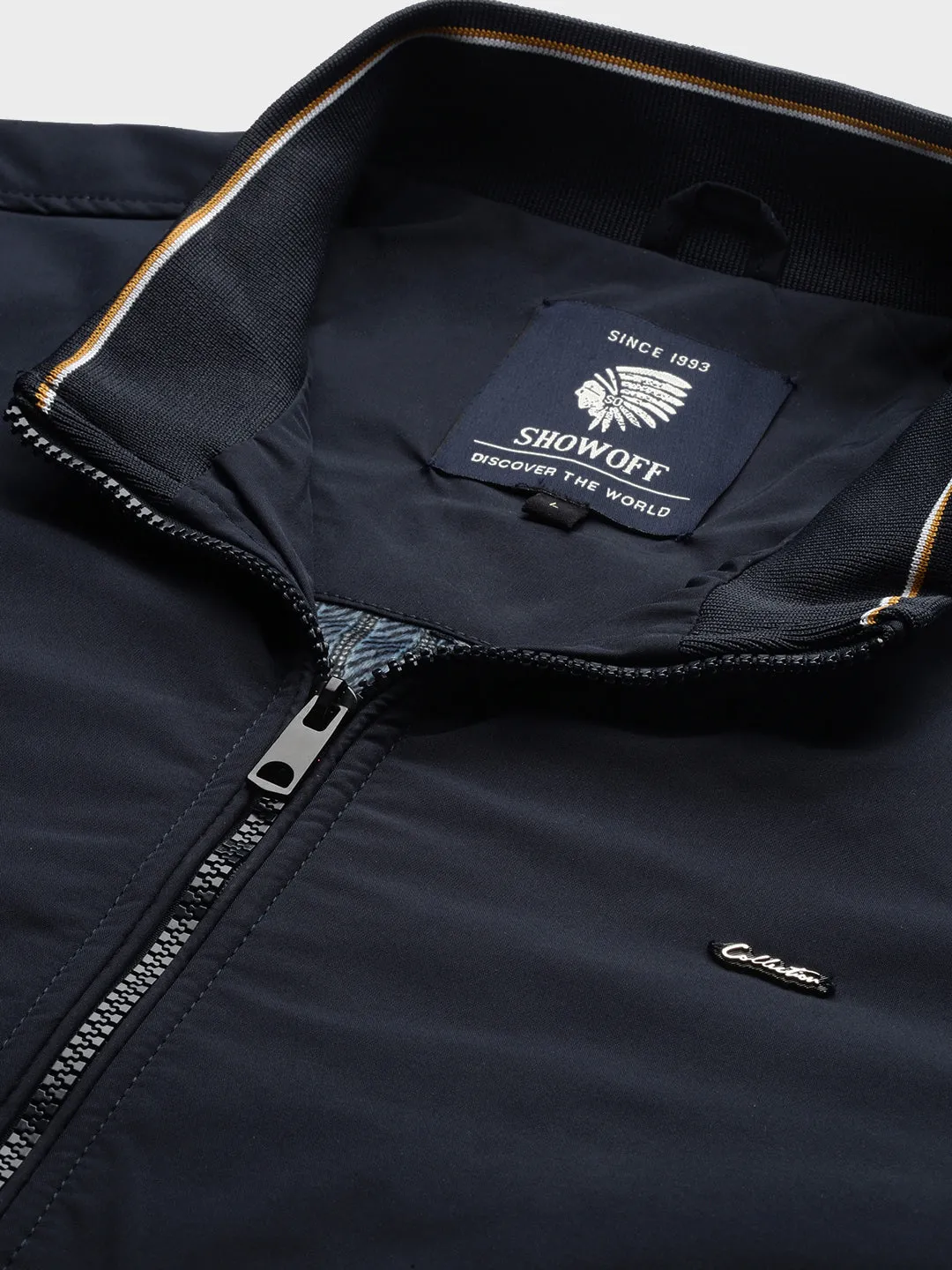 Men Solid Navy Blue Bomber Jacket