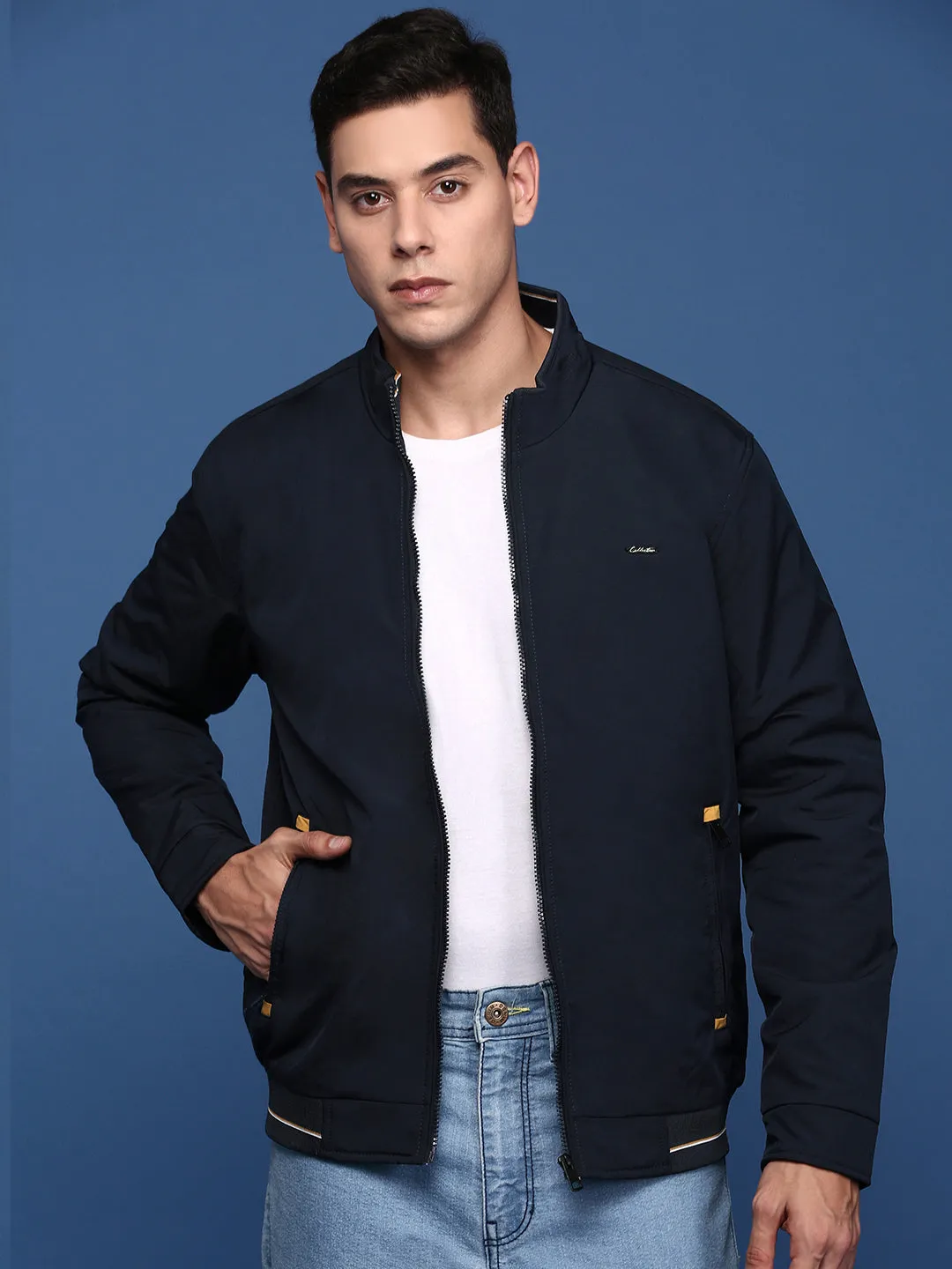 Men Solid Navy Blue Bomber Jacket