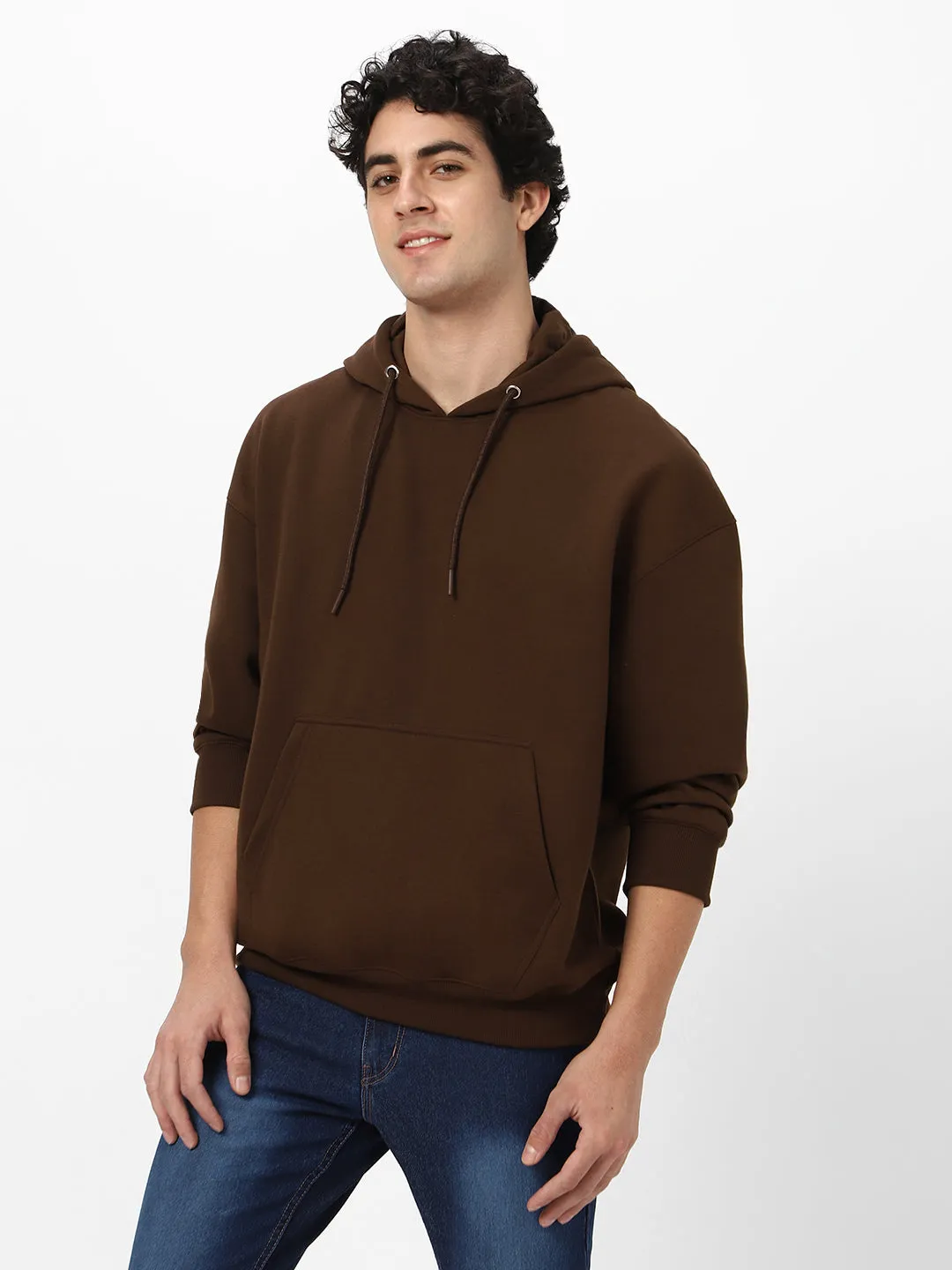 Men's Chocolate Brown Cotton Solid Oversized Hooded Neck Sweatshirt