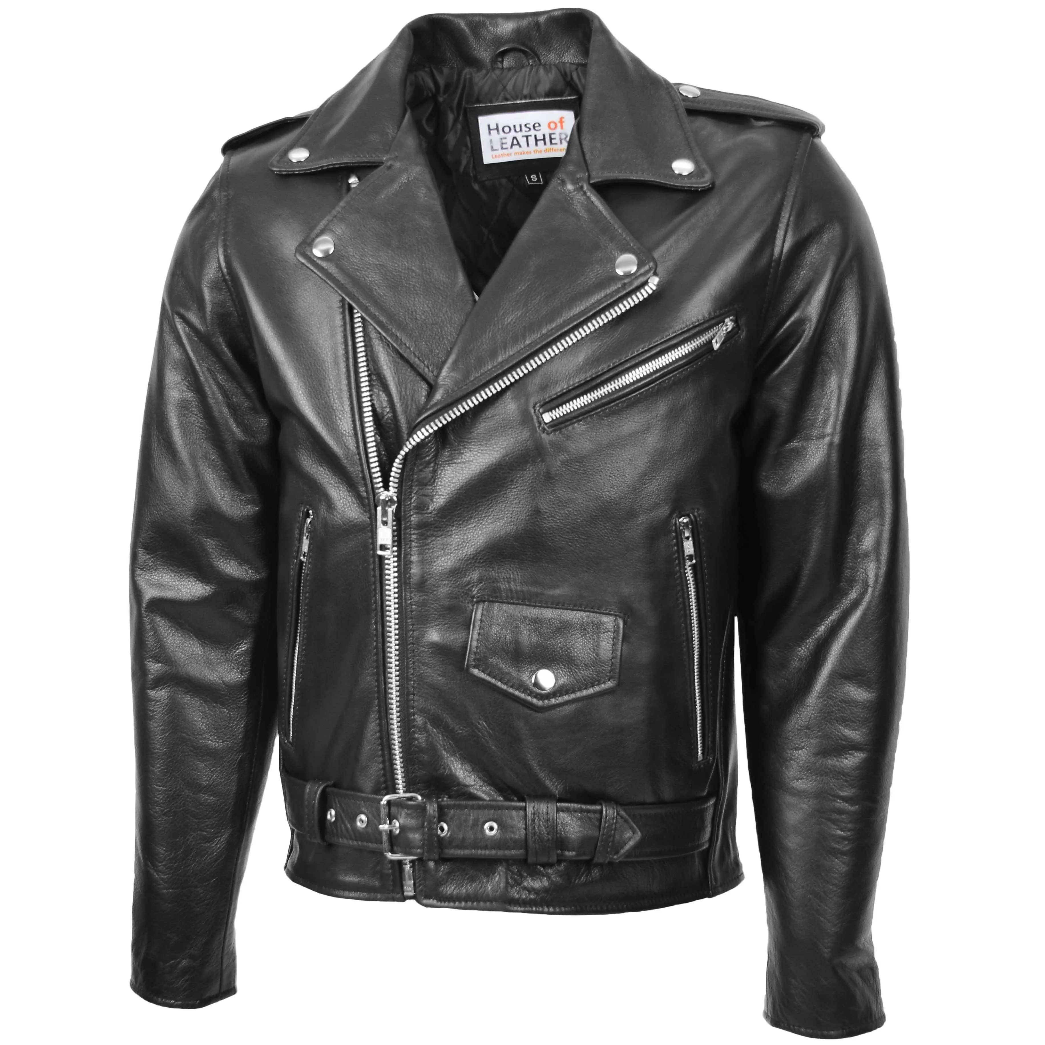 Mens Heavy Duty Leather Biker Brando Jacket Kyle Black