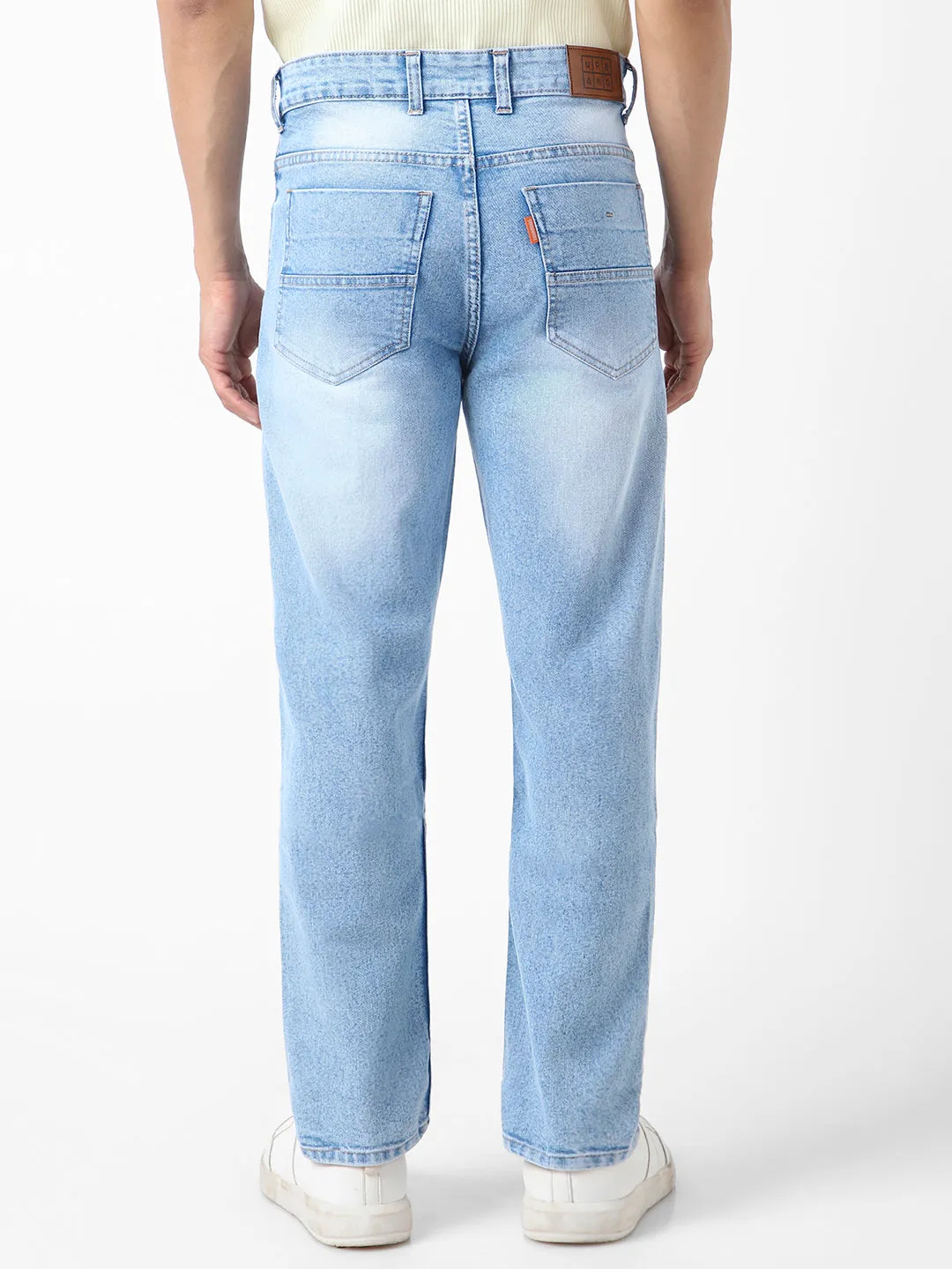 Men's Ice Blue Straight Fit Washed Jeans Stretchable