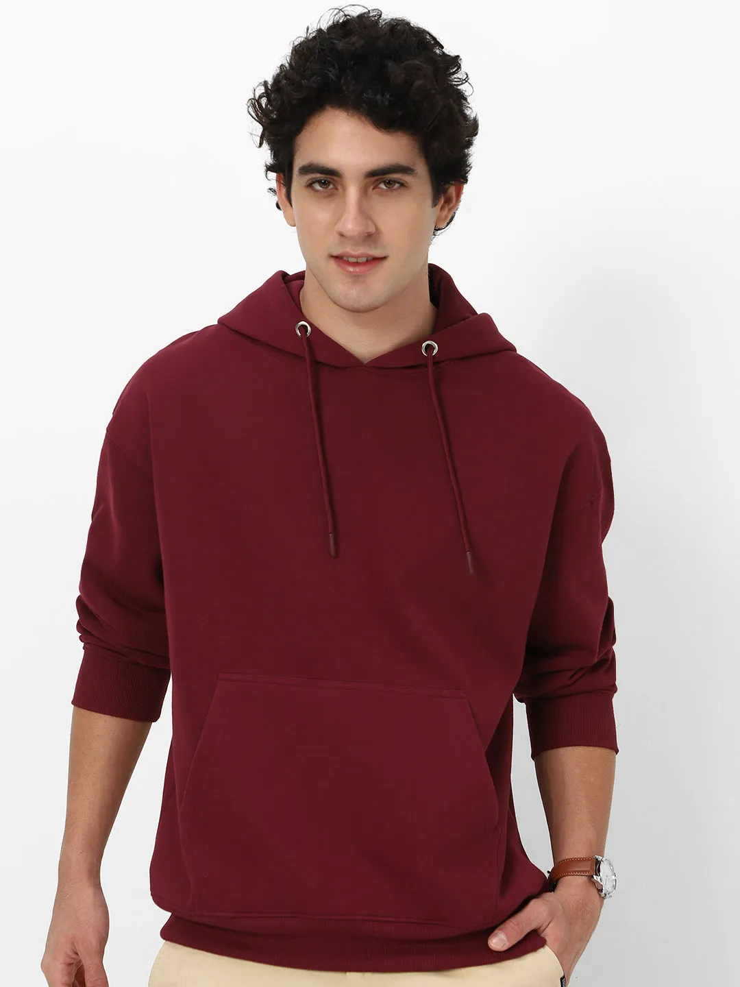 Men's Maroon Cotton Solid Oversized Hooded Neck Sweatshirt