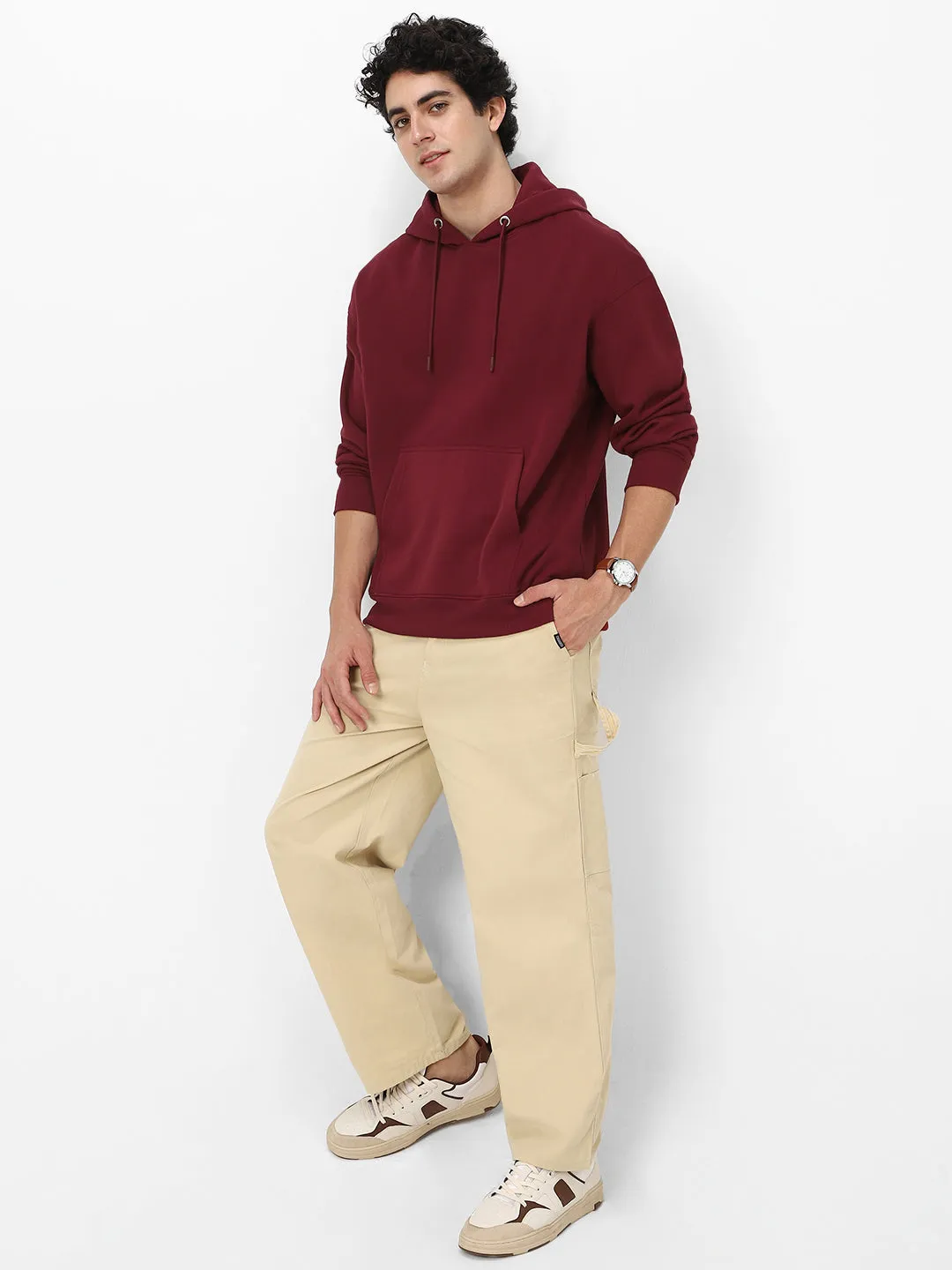 Men's Maroon Cotton Solid Oversized Hooded Neck Sweatshirt