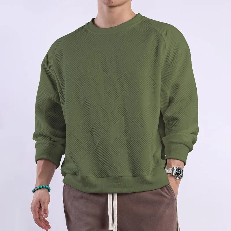 Men's Solid Color Textured Round Neck Long Sleeve T-shirt 55679694Z