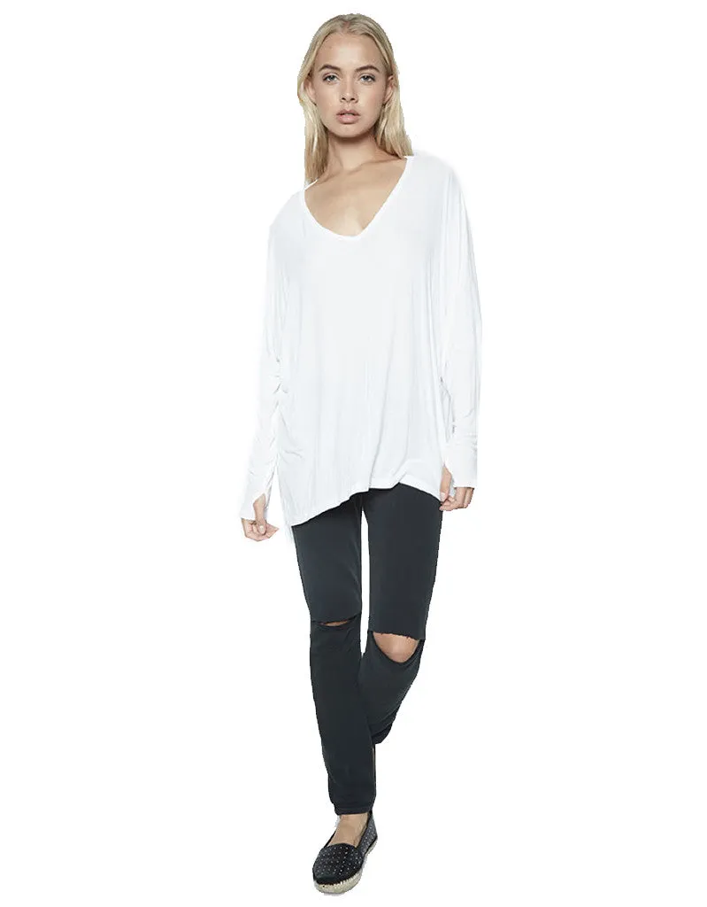 Michael Lauren Gio L/S Draped V-Neck Top w/Thumbholes in White