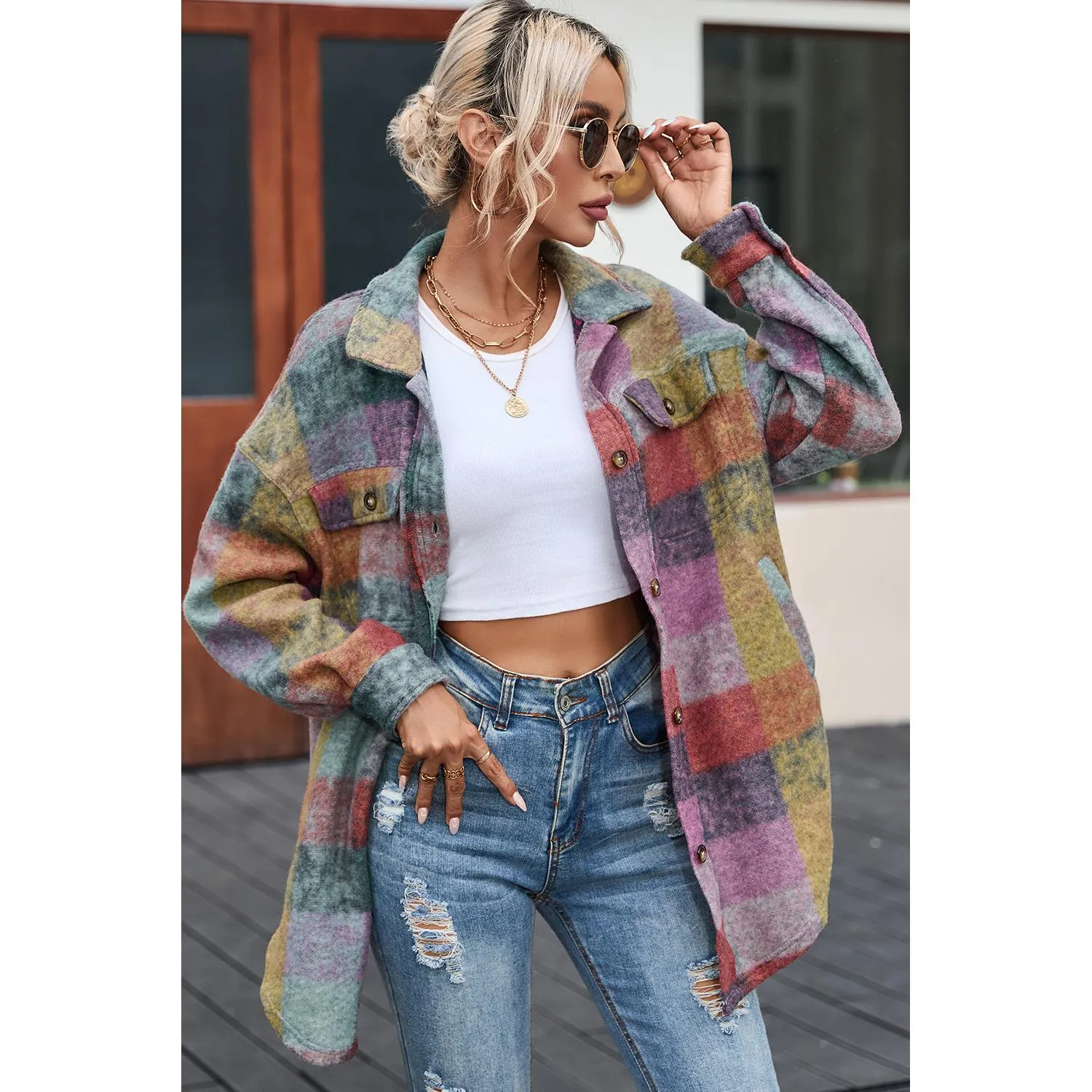 Multicolor Brushed Plaid Oversize Jacket