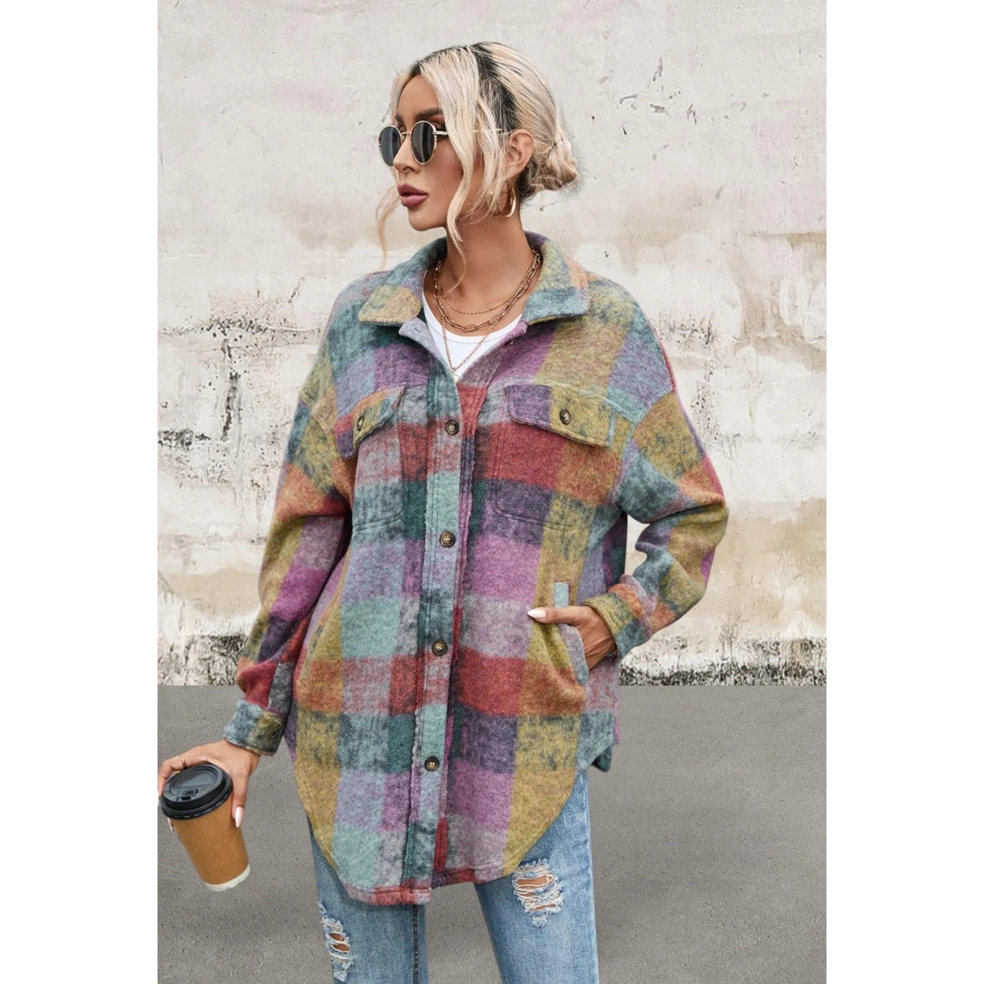 Multicolor Brushed Plaid Oversize Jacket