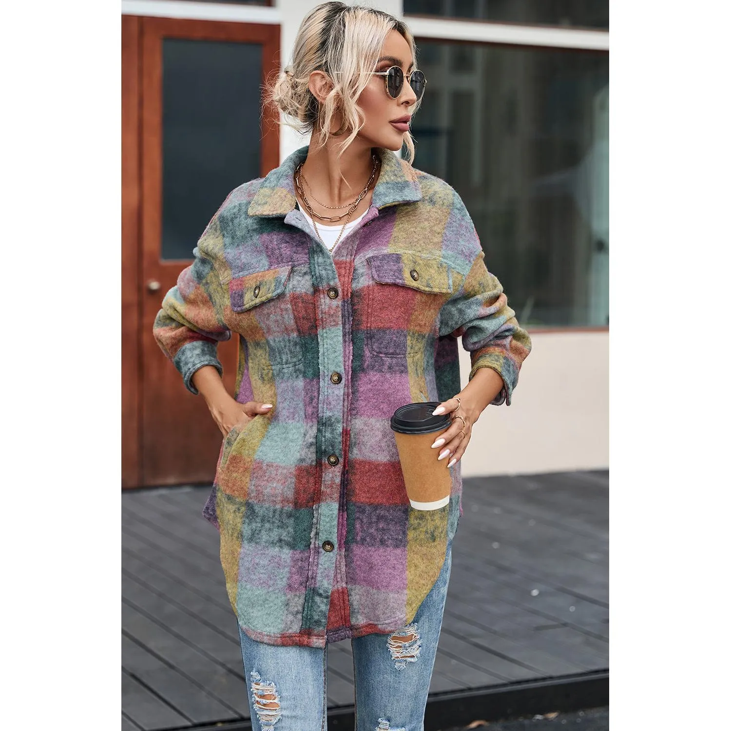 Multicolor Brushed Plaid Oversize Jacket