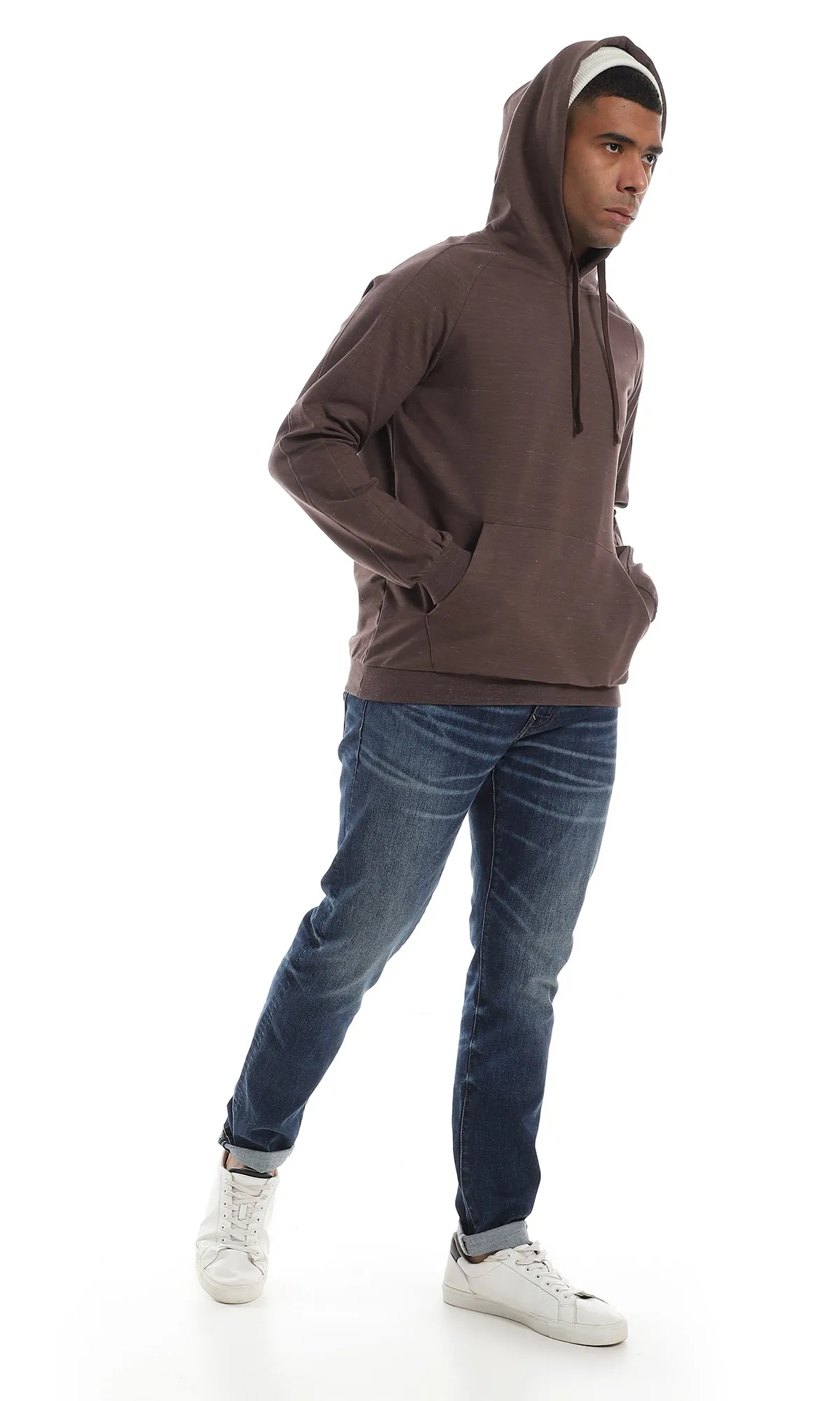 O157599 Basic Kanagroo Pocket Heather Brown Hoodie