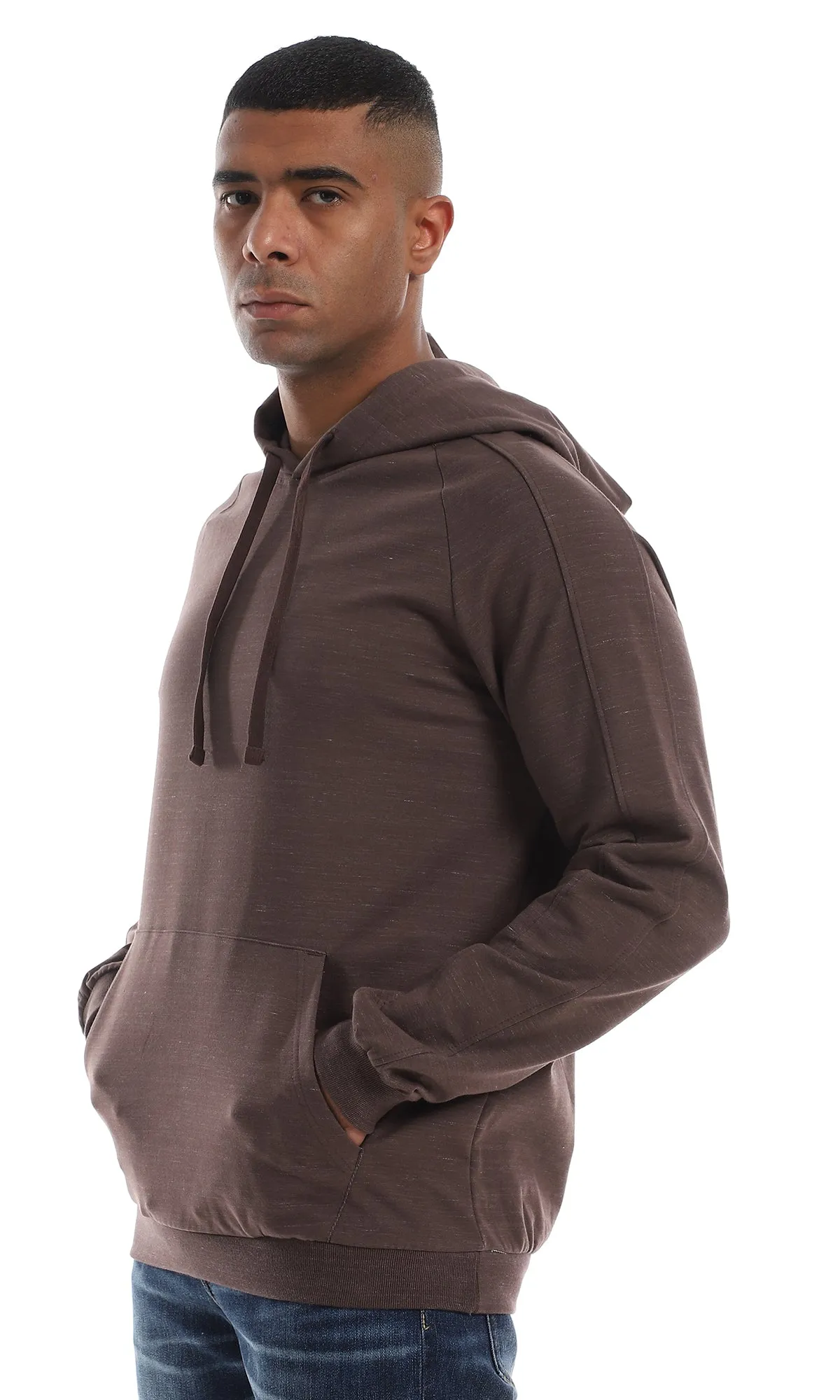 O157599 Basic Kanagroo Pocket Heather Brown Hoodie