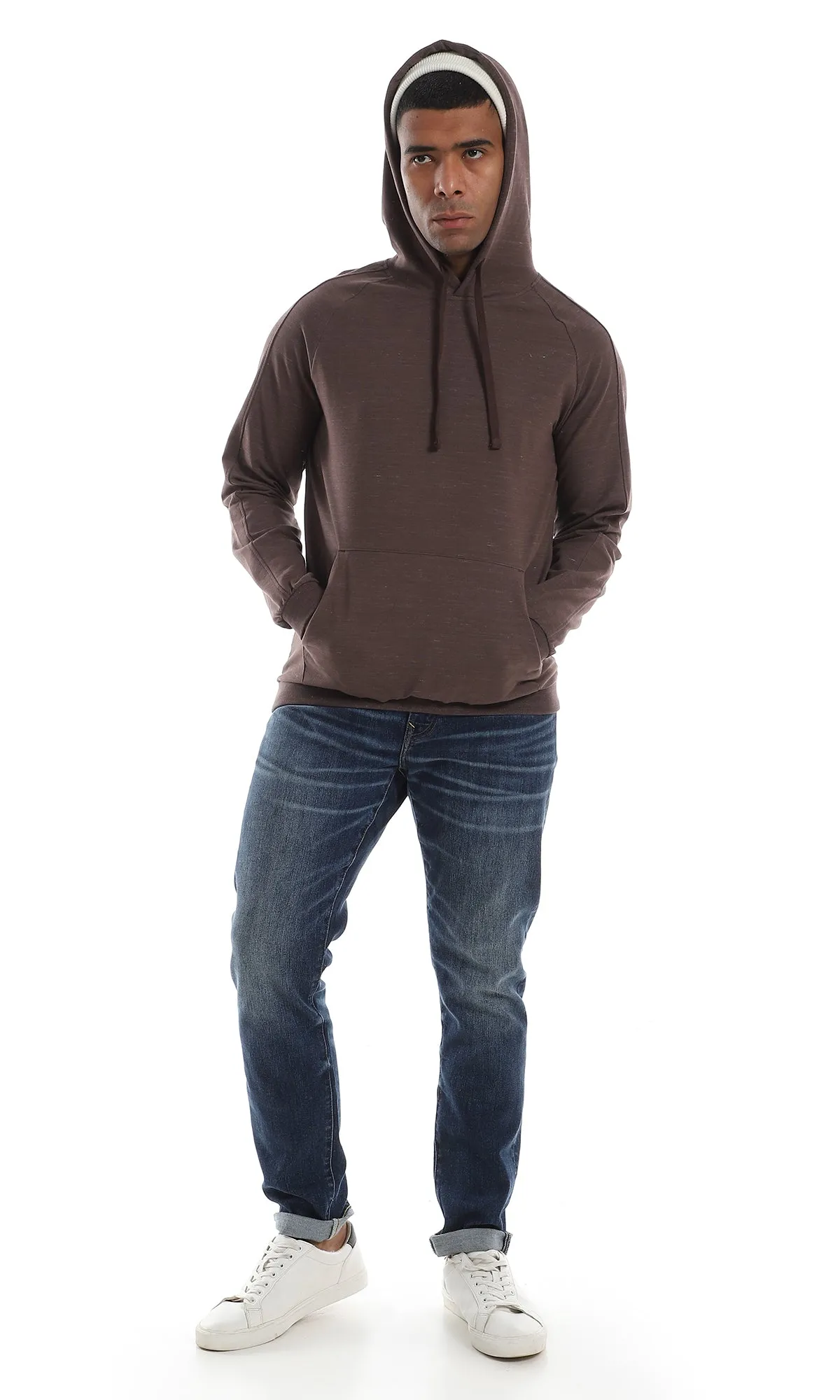 O157599 Basic Kanagroo Pocket Heather Brown Hoodie