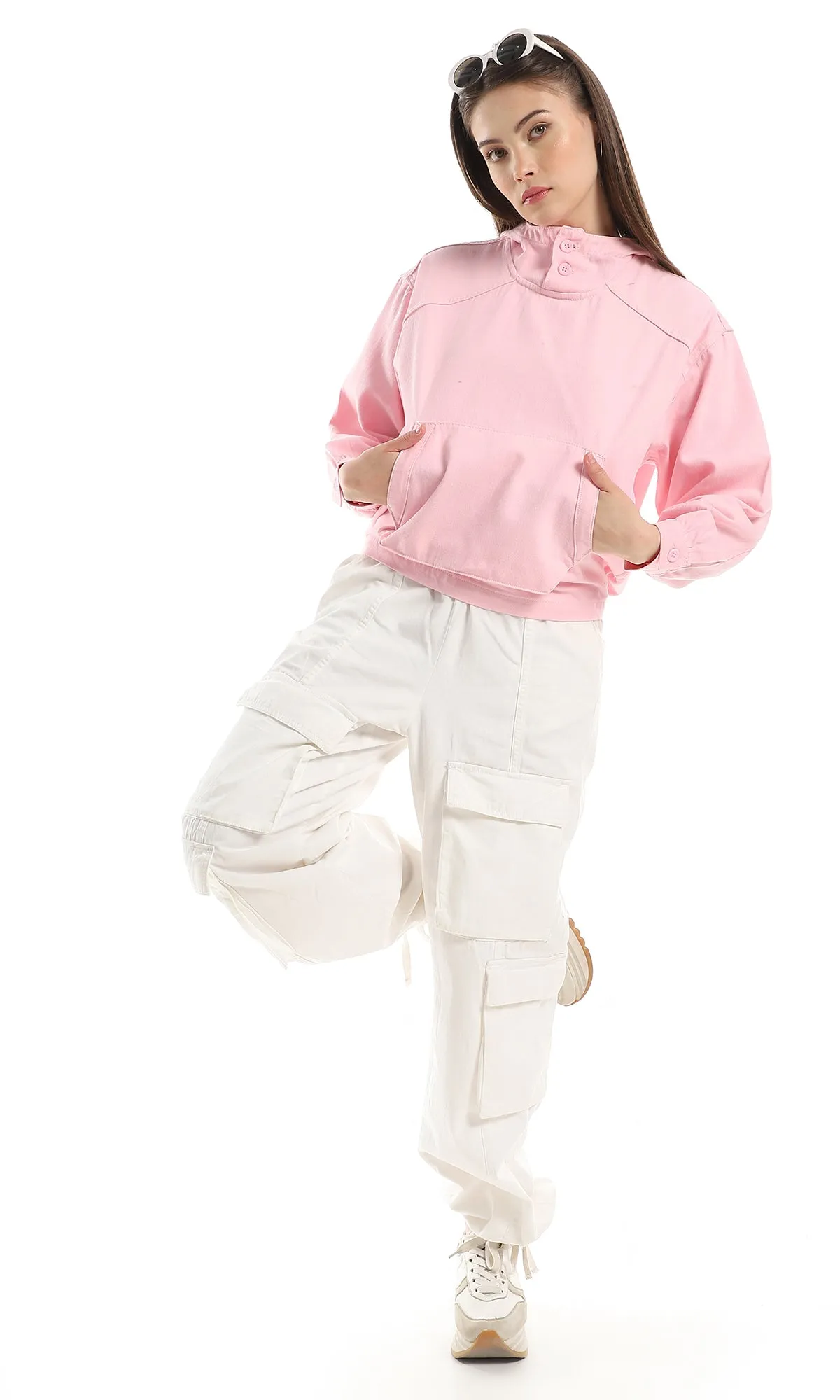 O158537 Buttoned Cotton Denim Solid Hoodie - Rose