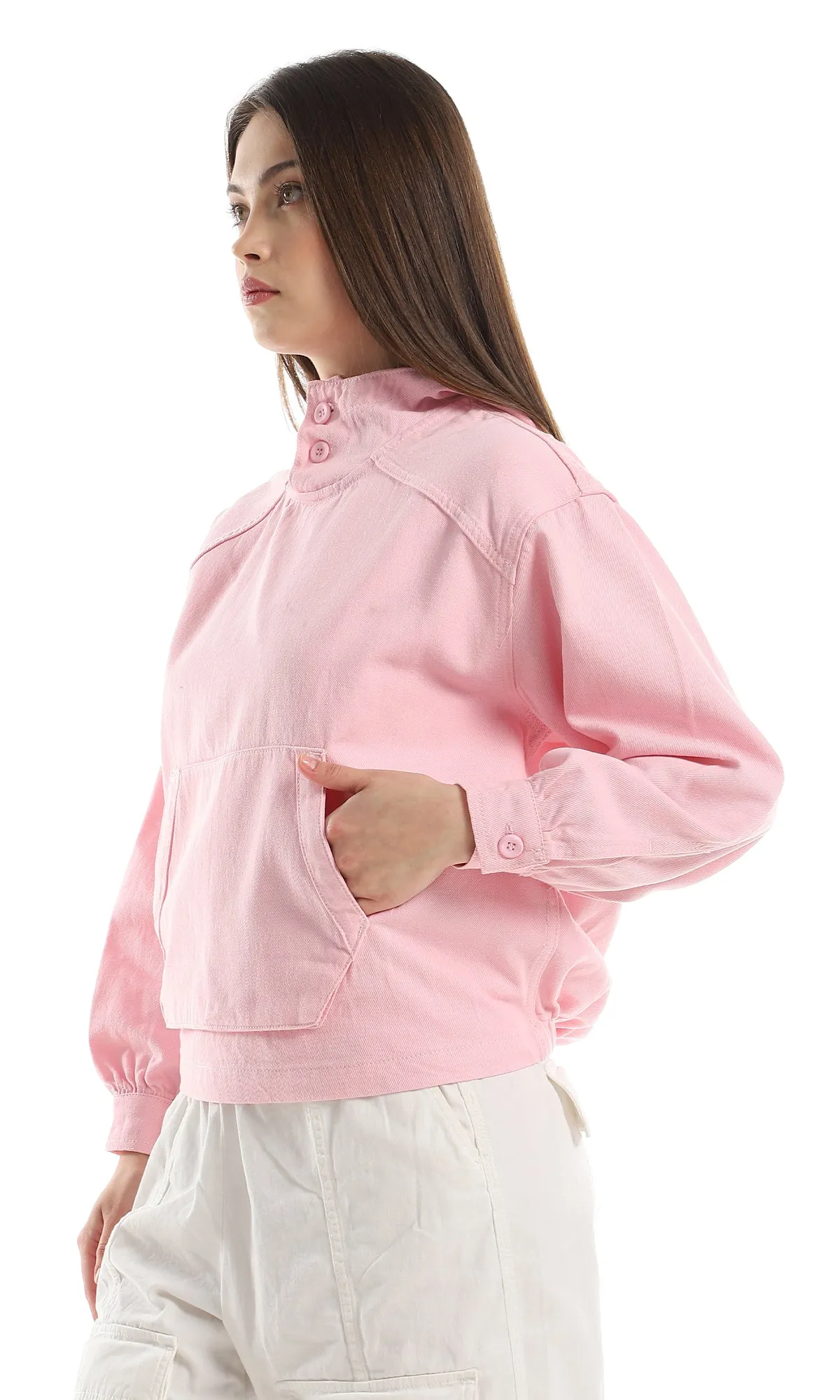 O158537 Buttoned Cotton Denim Solid Hoodie - Rose