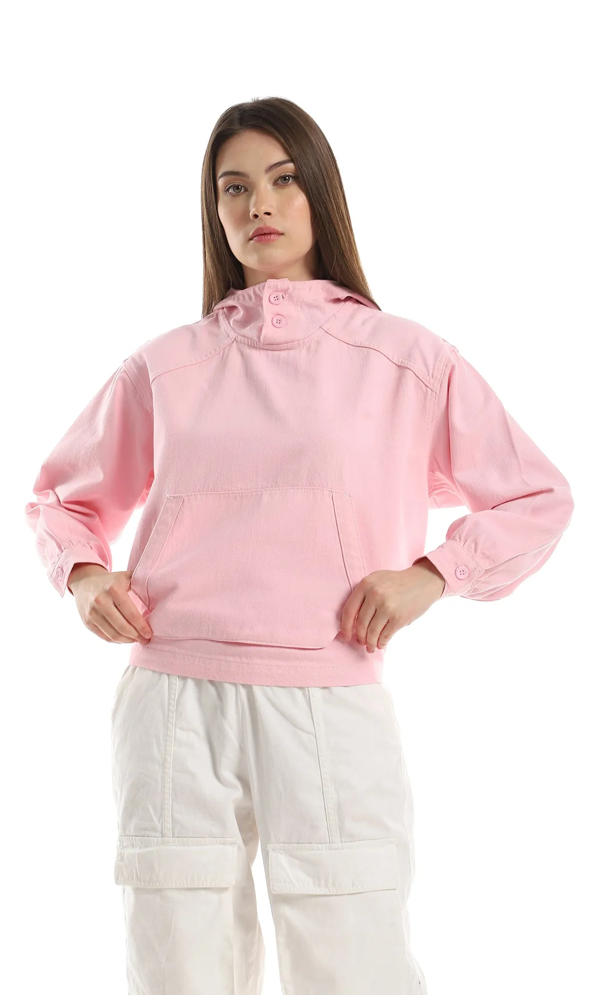 O158537 Buttoned Cotton Denim Solid Hoodie - Rose