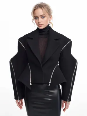 Patchwork Zipper Irregular Notched Collar Long Sleeve Jacket