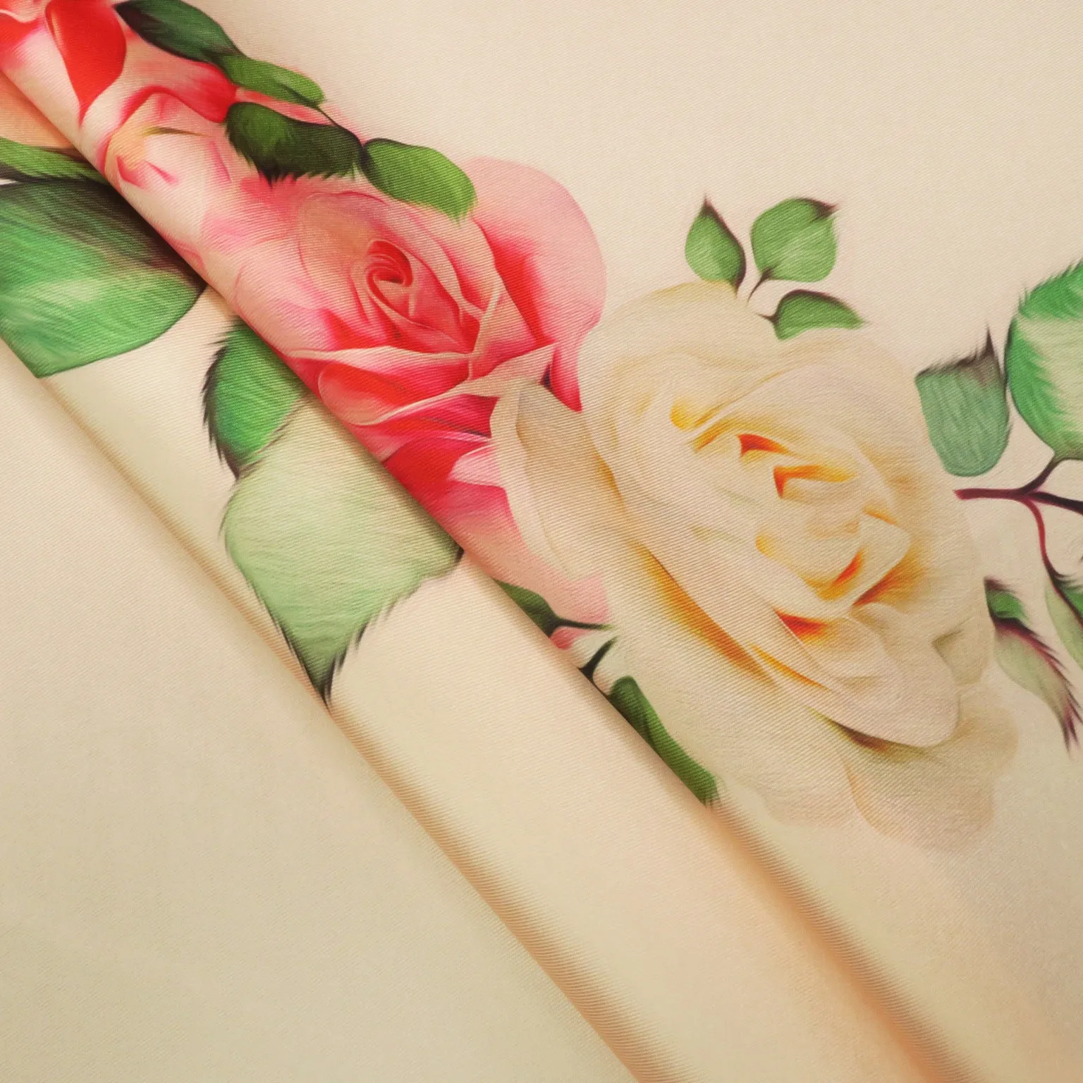 Peach Roses on Blush Background Printed Polyester Mikado Fabric