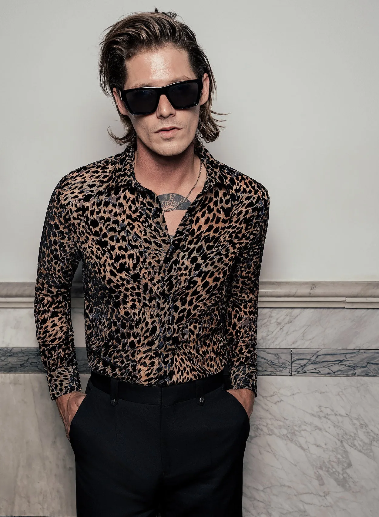 Phix X Rolling Stones Semi Sheer Leopard Effect Velvet Shirt