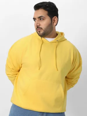 Plus Men's Sun Yellow Cotton Solid Oversized Hooded Neck Sweatshirt