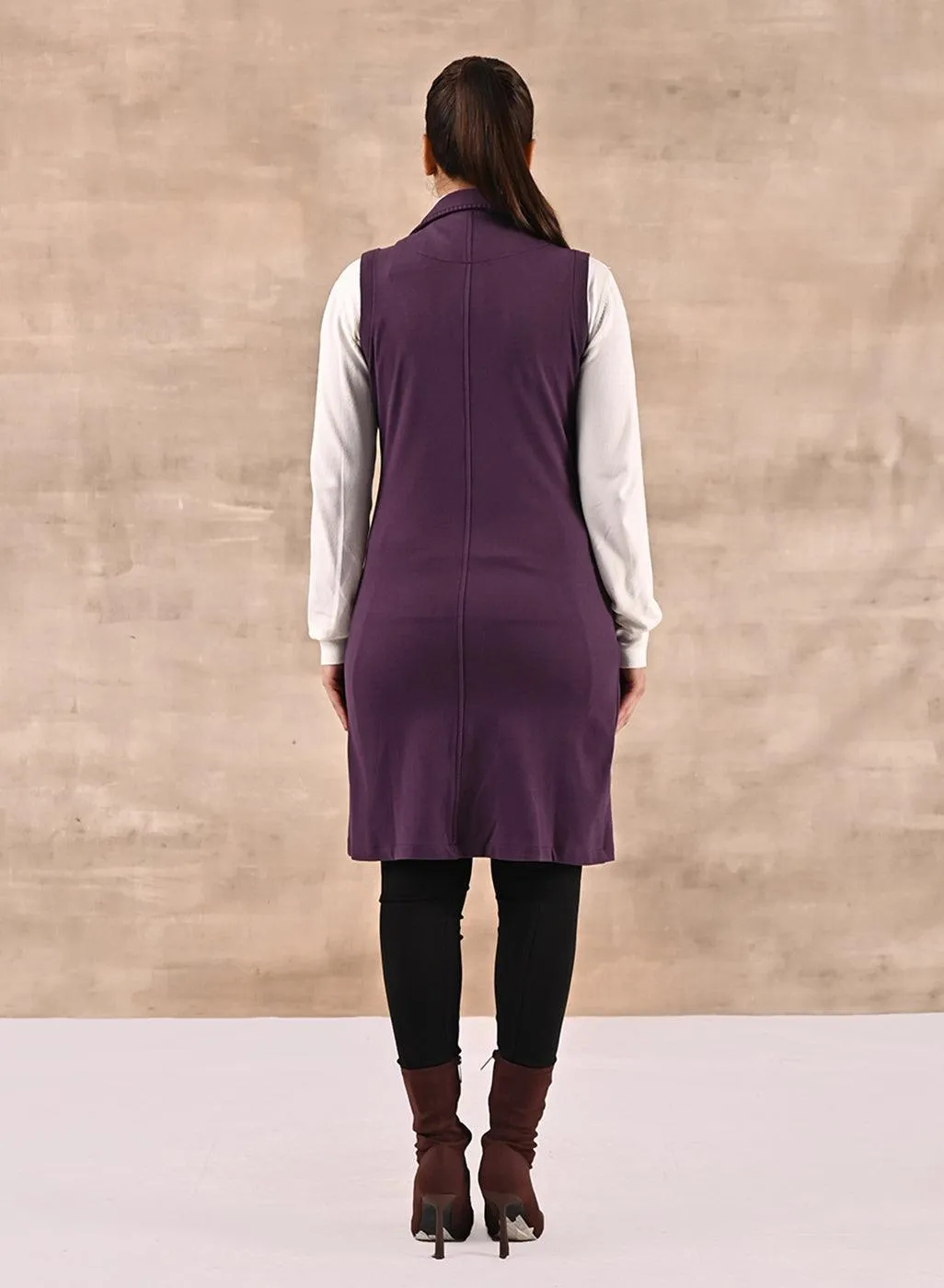 Purple Sleeveless Trench Coat with Notch Collar