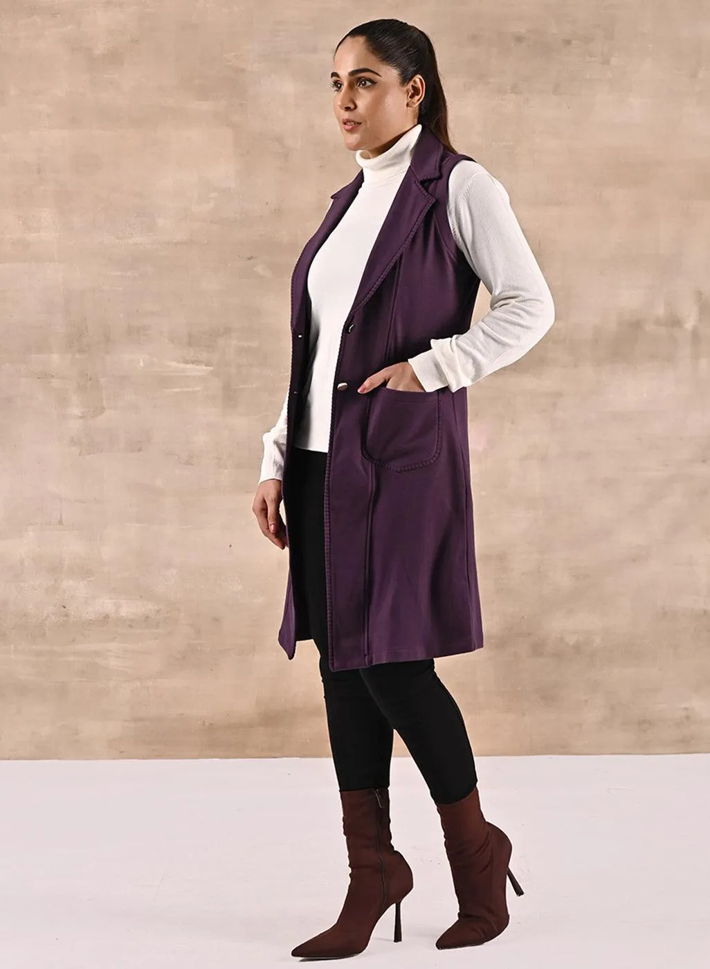 Purple Sleeveless Trench Coat with Notch Collar