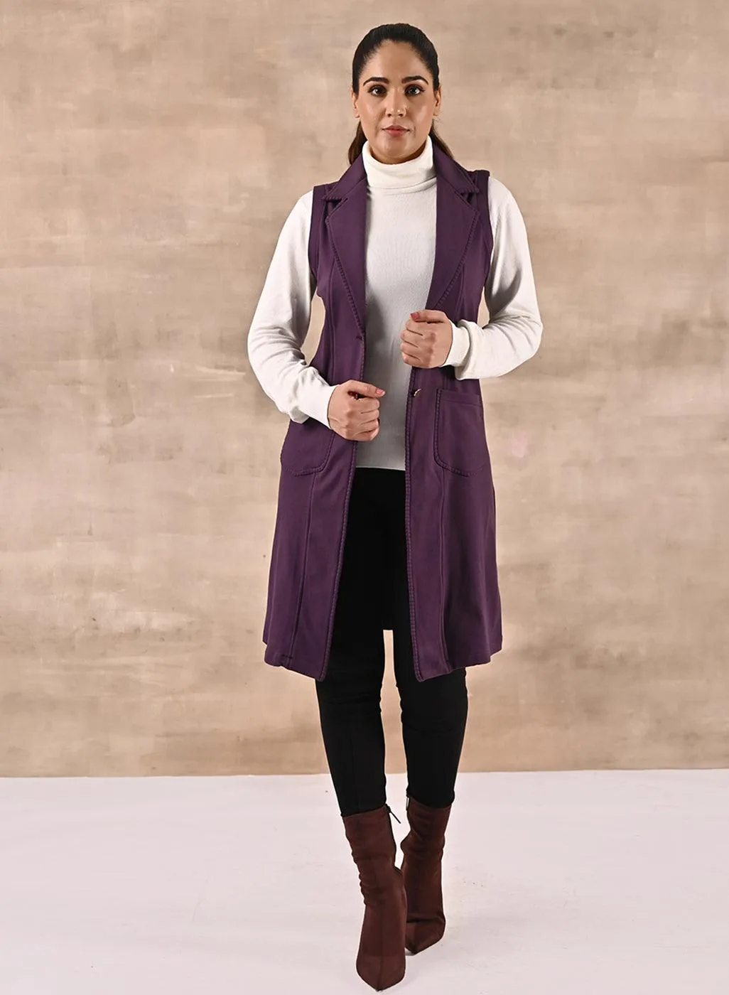 Purple Sleeveless Trench Coat with Notch Collar