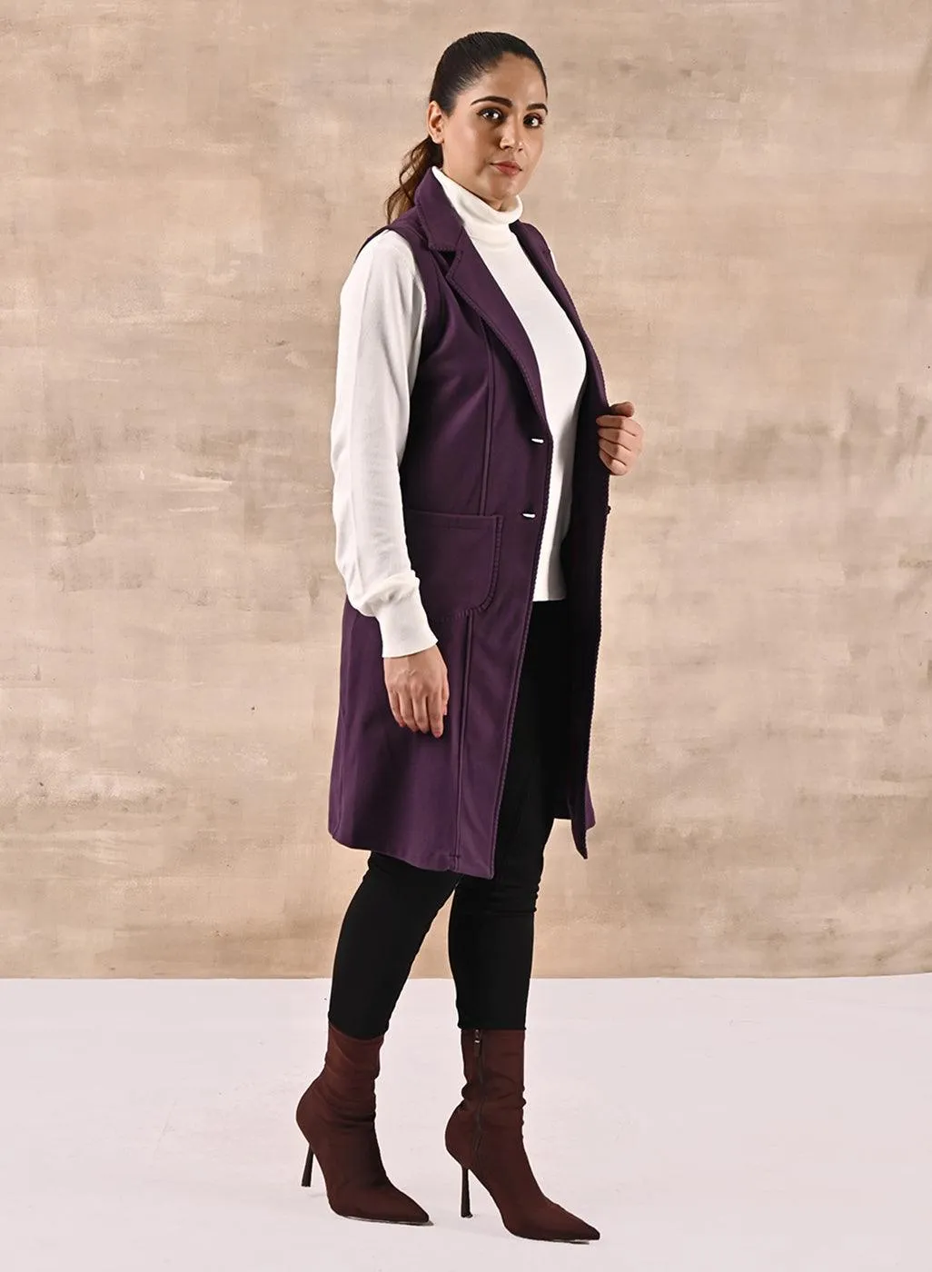 Purple Sleeveless Trench Coat with Notch Collar