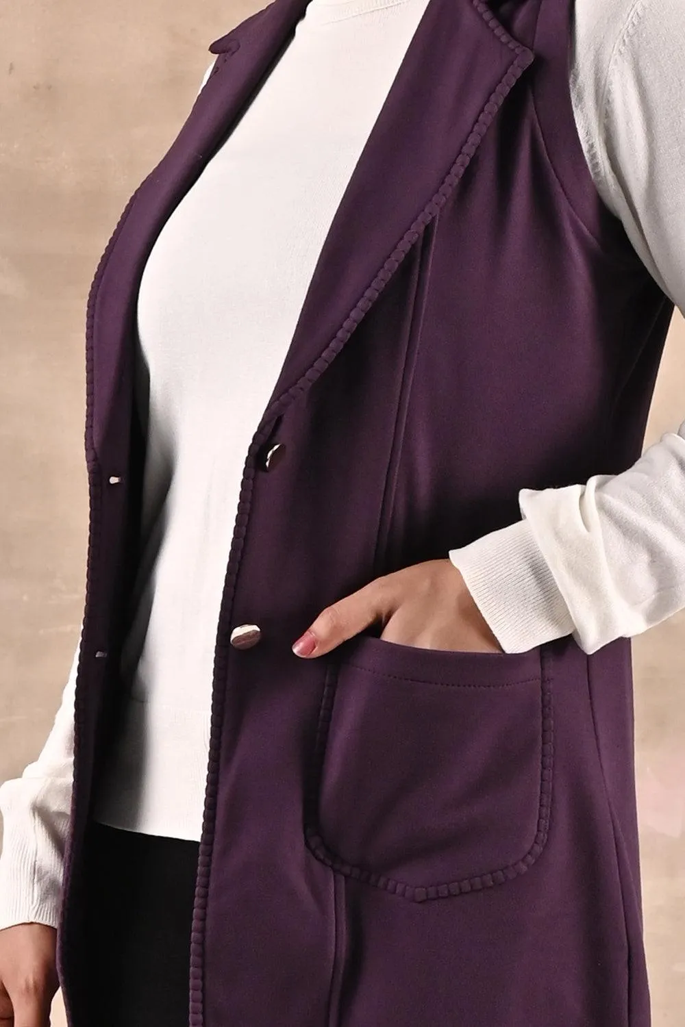 Purple Sleeveless Trench Coat with Notch Collar