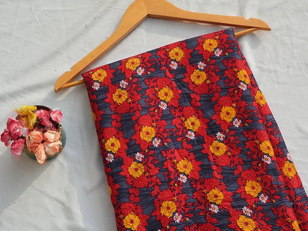 Red & Blue Floral Digital Printed Premium Crepe Fabric