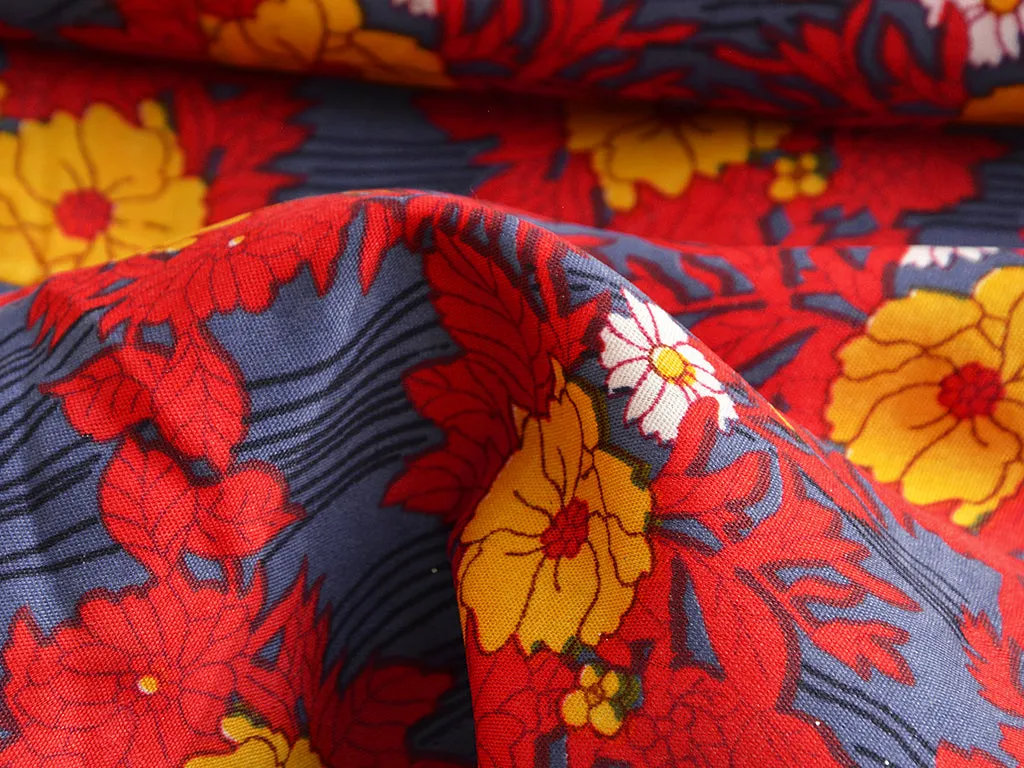 Red & Blue Floral Digital Printed Premium Crepe Fabric